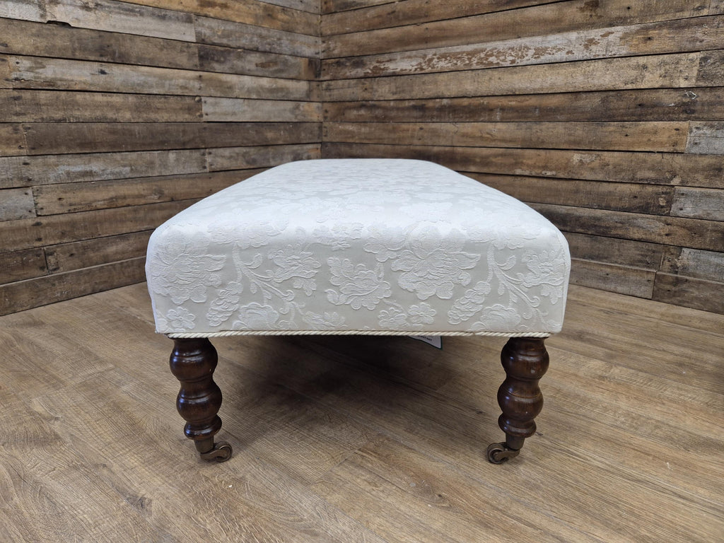 Vintage Large Country House Footstool Damask Fabric Turned Mahogany Legs Casters