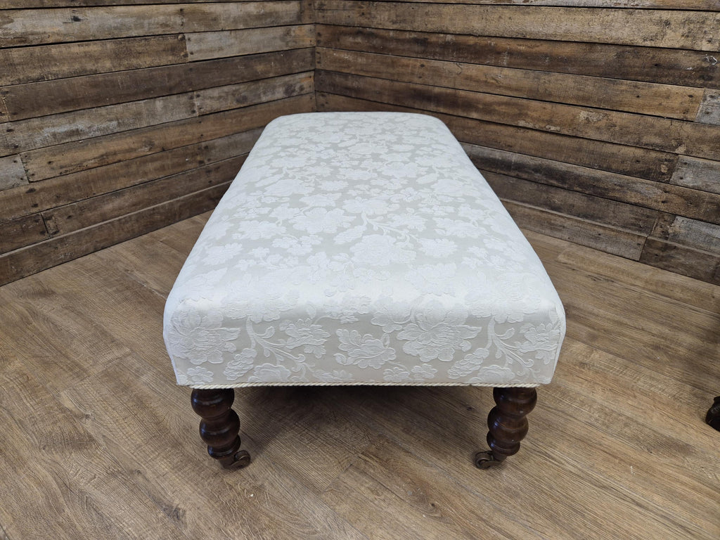 Vintage Large Country House Footstool Damask Fabric Turned Mahogany Legs Casters