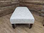 Vintage Large Country House Footstool Damask Fabric Turned Mahogany Legs Casters