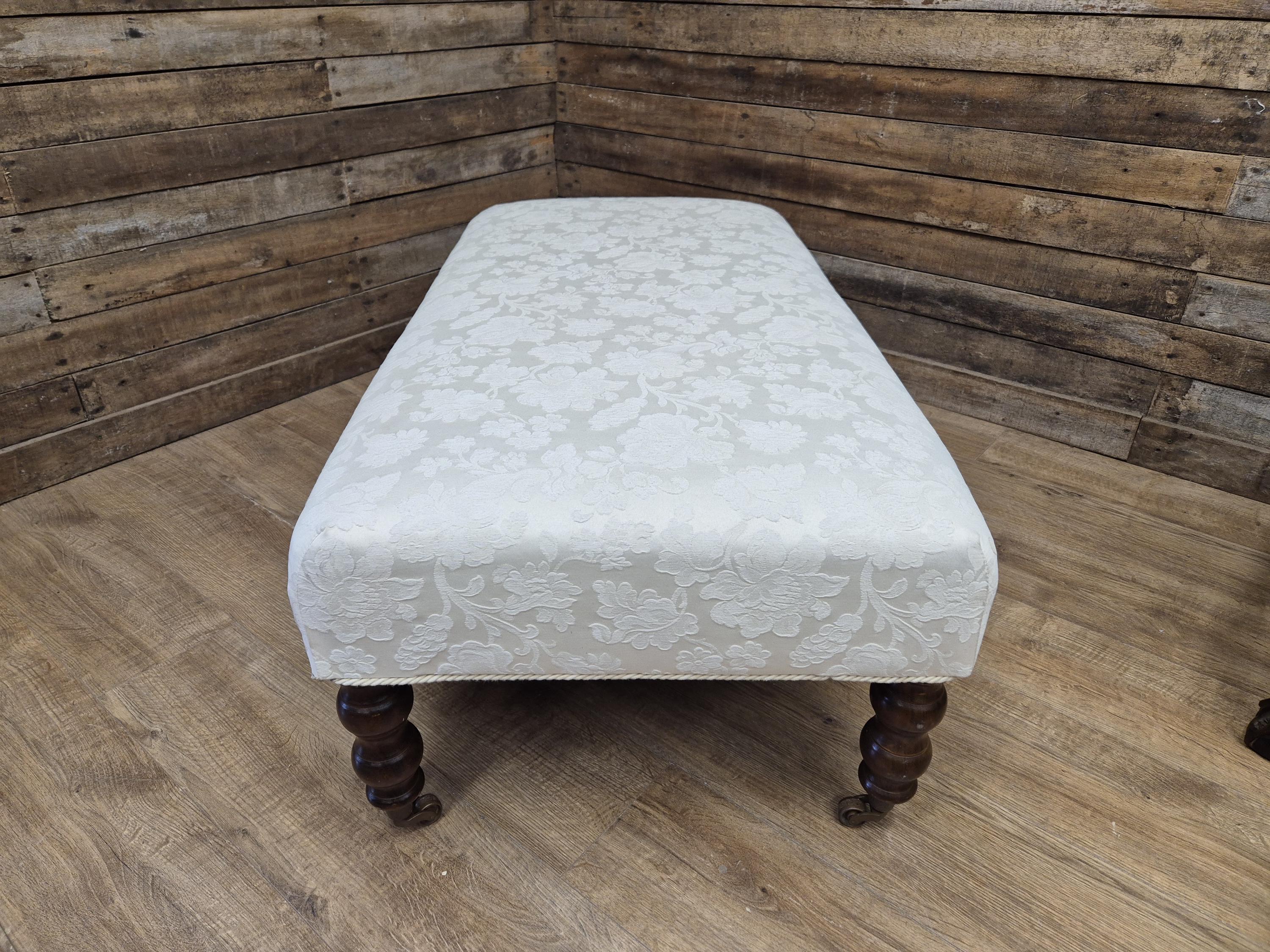 Vintage Large Country House Footstool Damask Fabric Turned Mahogany Legs Casters