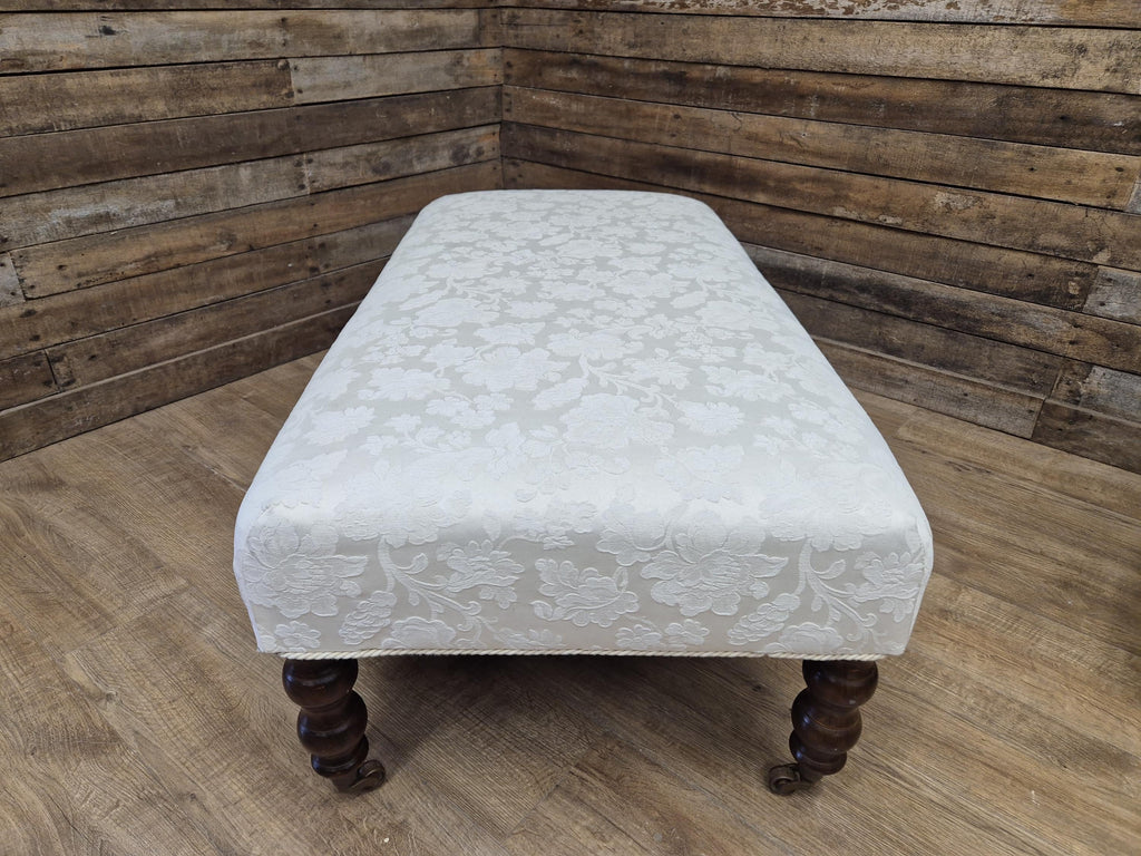 Vintage Large Country House Footstool Damask Fabric Turned Mahogany Legs Casters