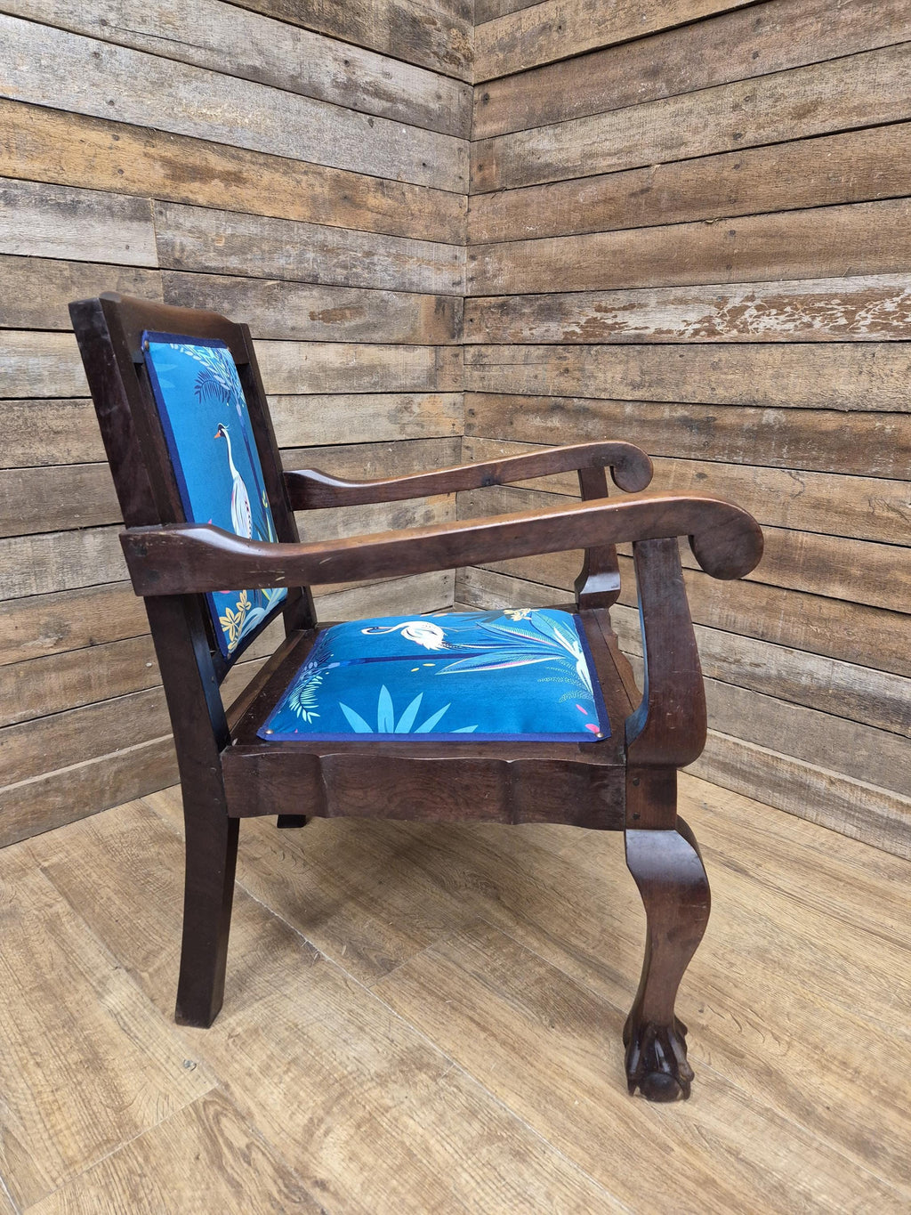 Antique Mahogany Framed Ball Claw Foot Armchair Upholstered In Designer Velvet