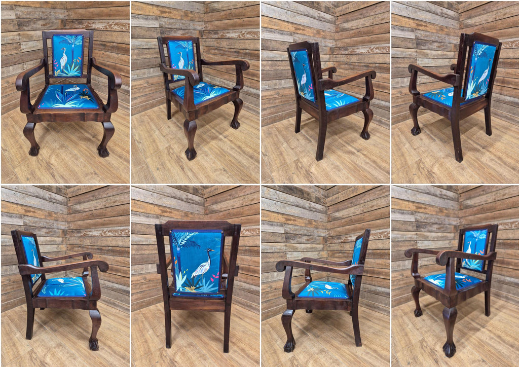 Antique Mahogany Framed Ball Claw Foot Armchair Upholstered In Designer Velvet