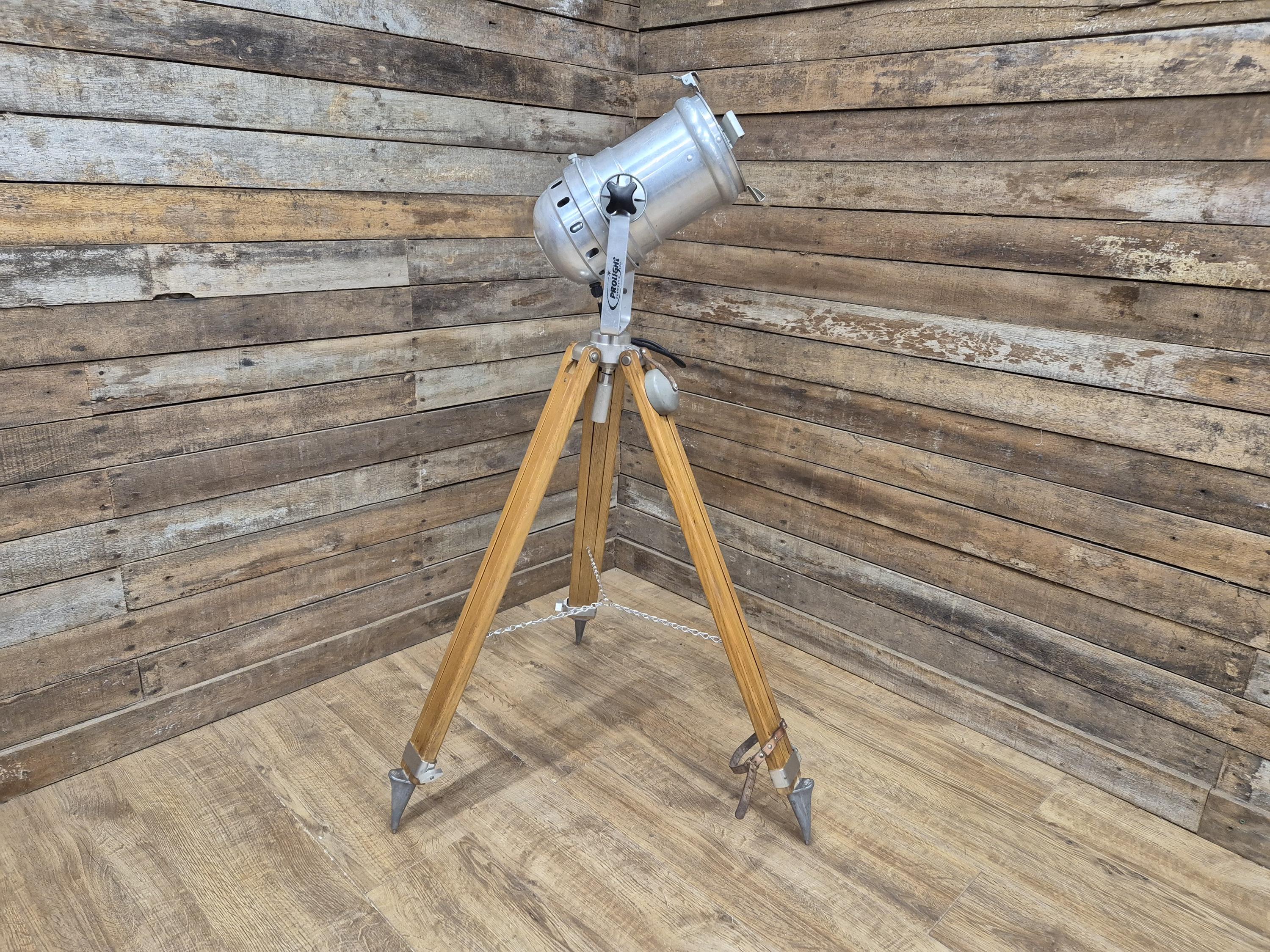 Vintage Tripod Floor Standing Prolight Spotlight Adjustable Height Distressed
