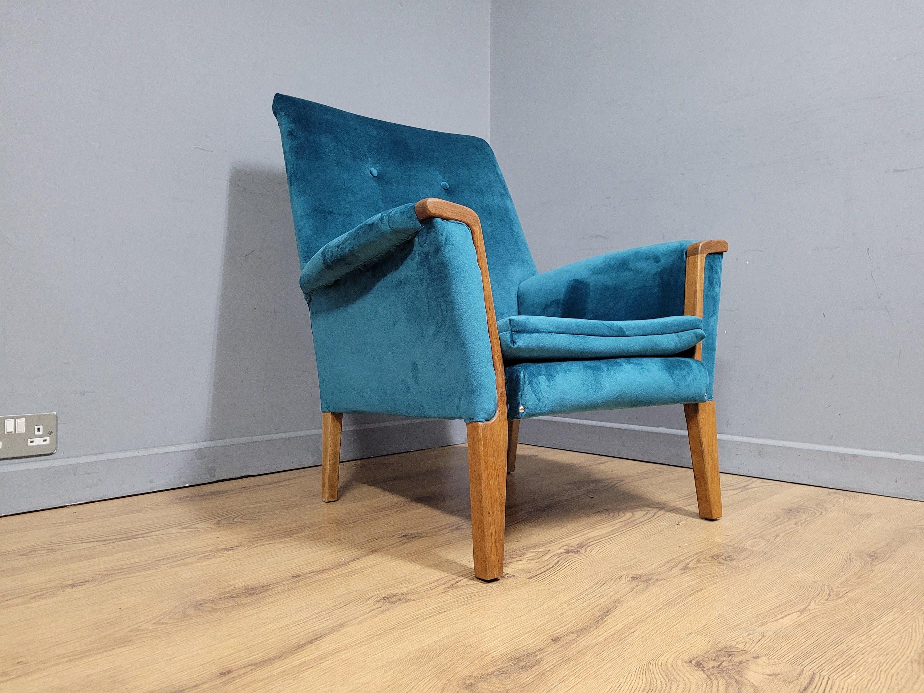 Mid Century Teak Trimmed Armchair Newly Upholstered Button Backed Retro Chic