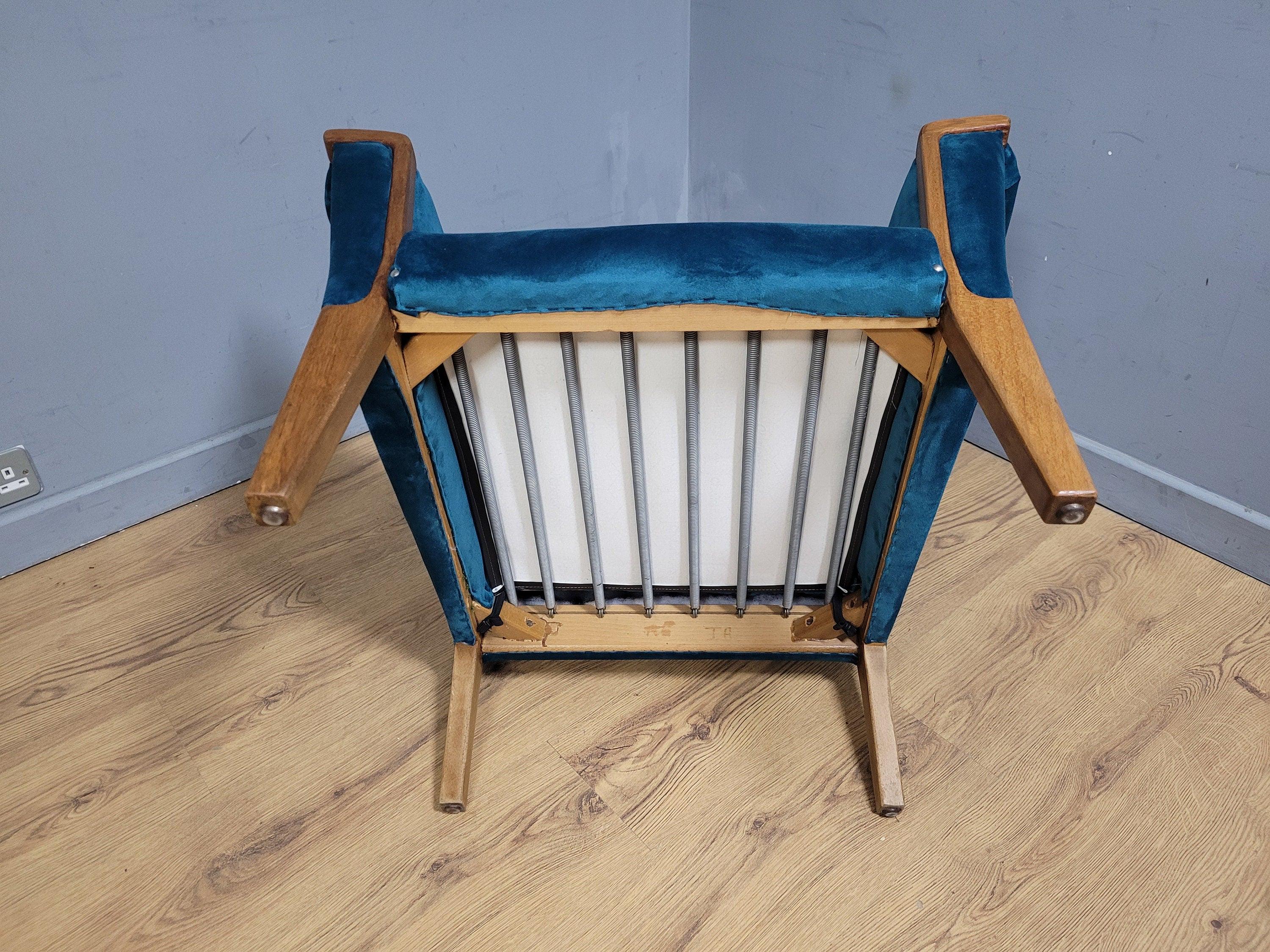Mid Century Teak Trimmed Armchair Newly Upholstered Button Backed Retro Chic