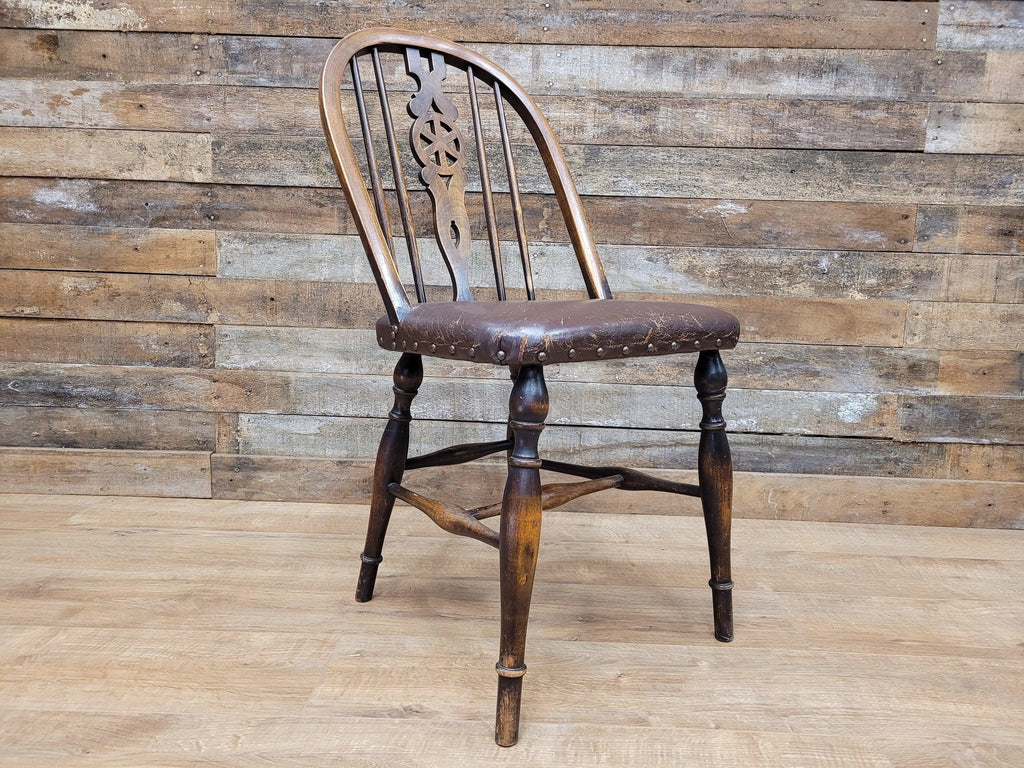 Vintage Country House Brown Leather Padded Seat Wheel Back Bedroom Hall Chair