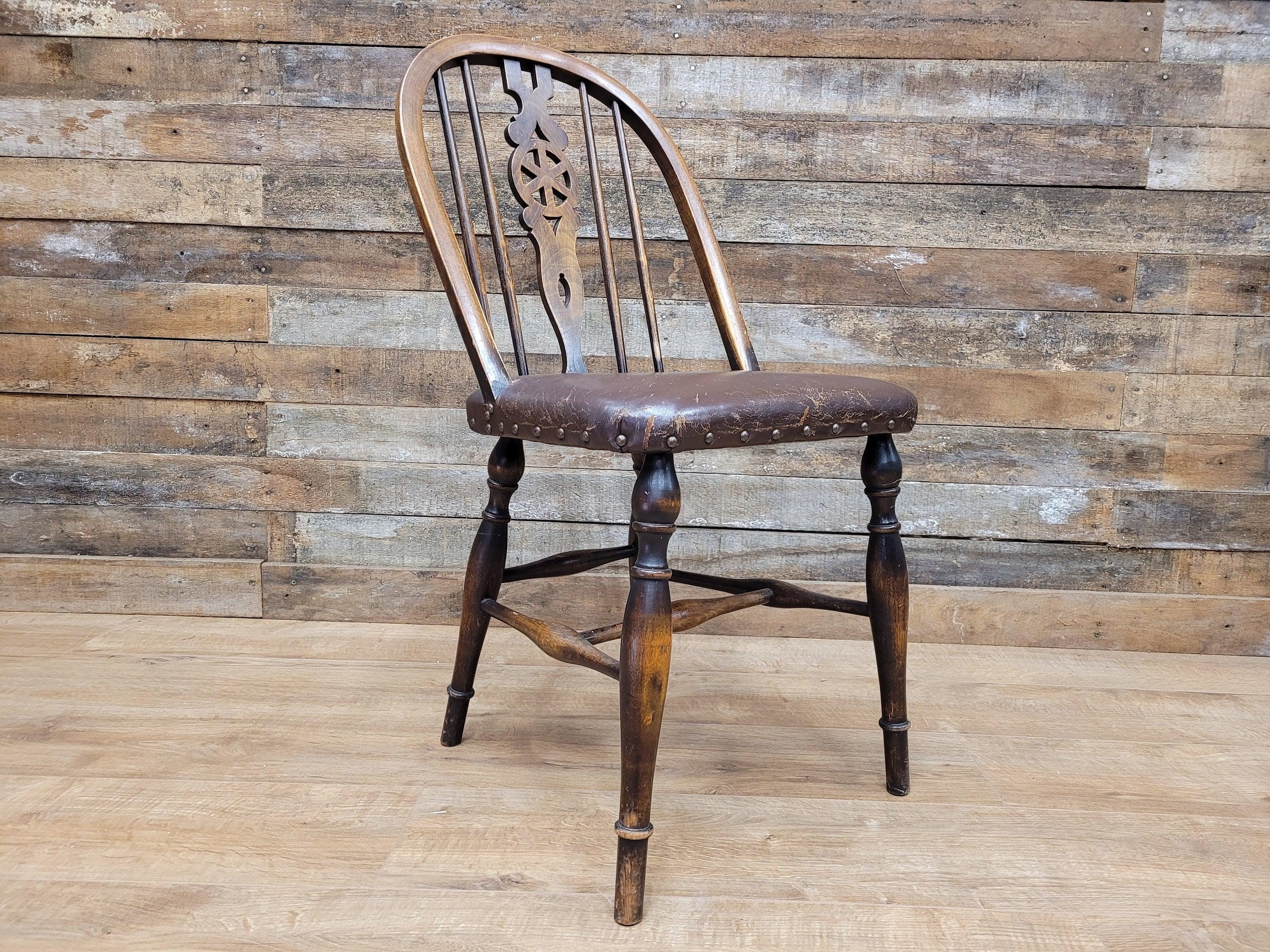 Vintage Country House Brown Leather Padded Seat Wheel Back Bedroom Hall Chair