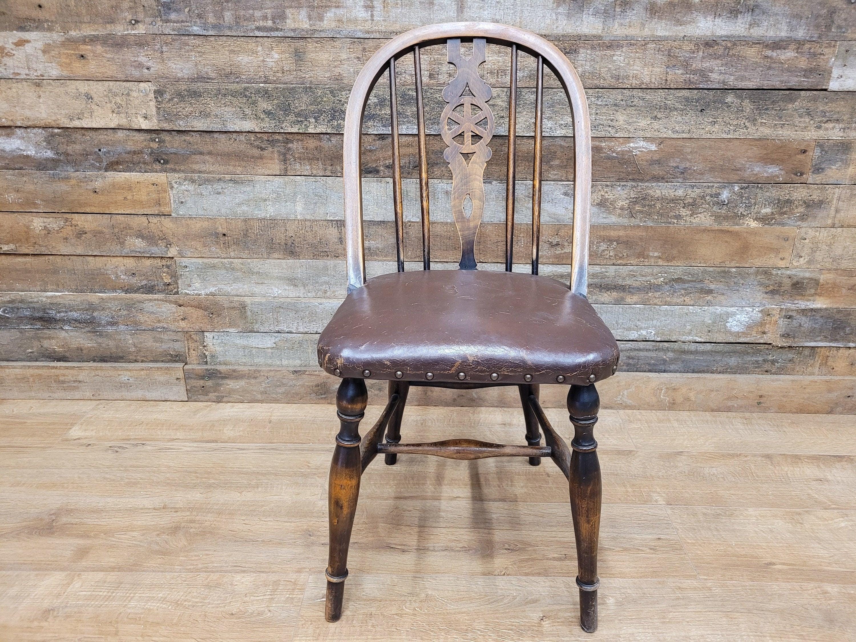 Vintage Country House Brown Leather Padded Seat Wheel Back Bedroom Hall Chair