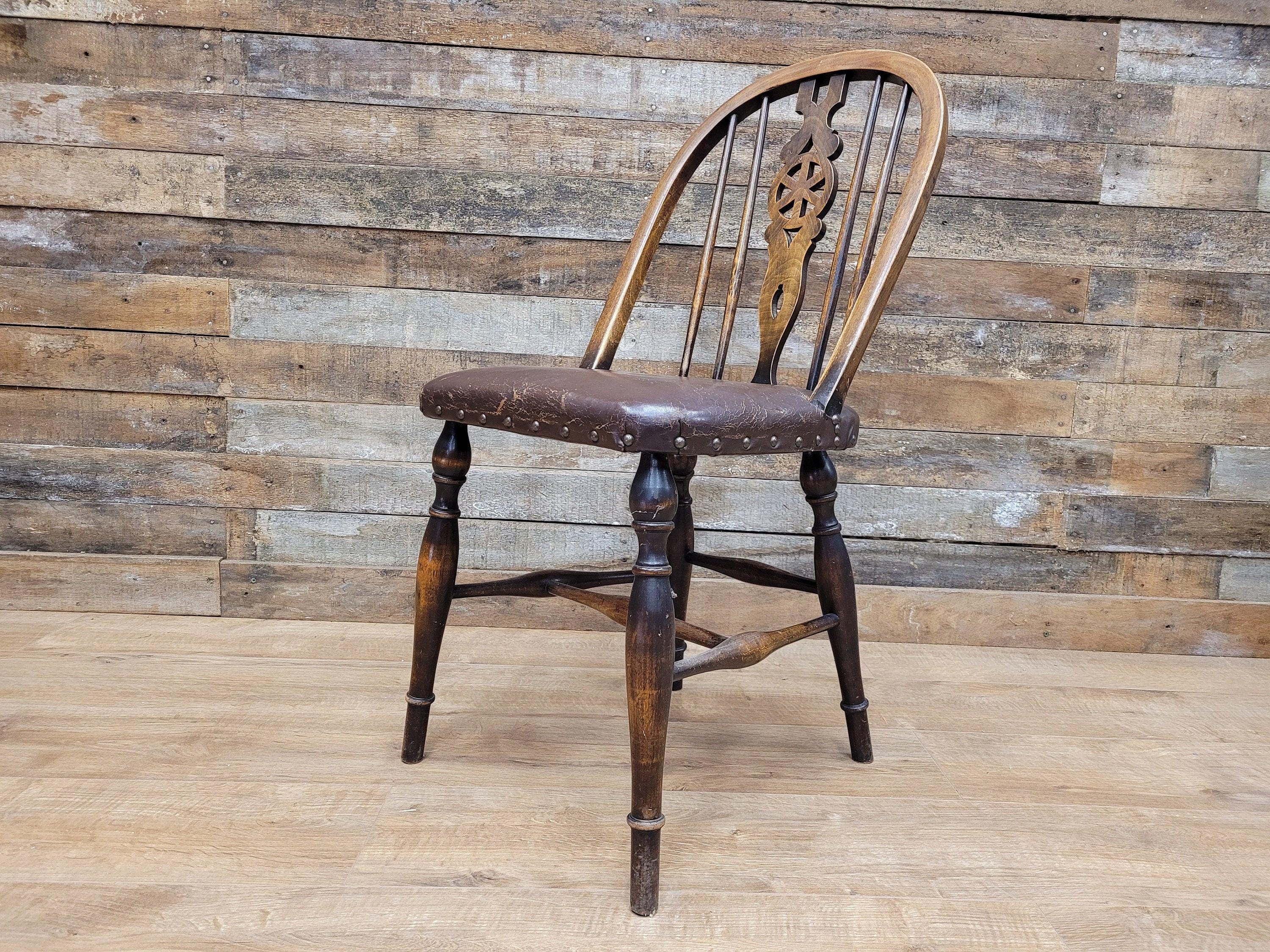 Vintage Country House Brown Leather Padded Seat Wheel Back Bedroom Hall Chair