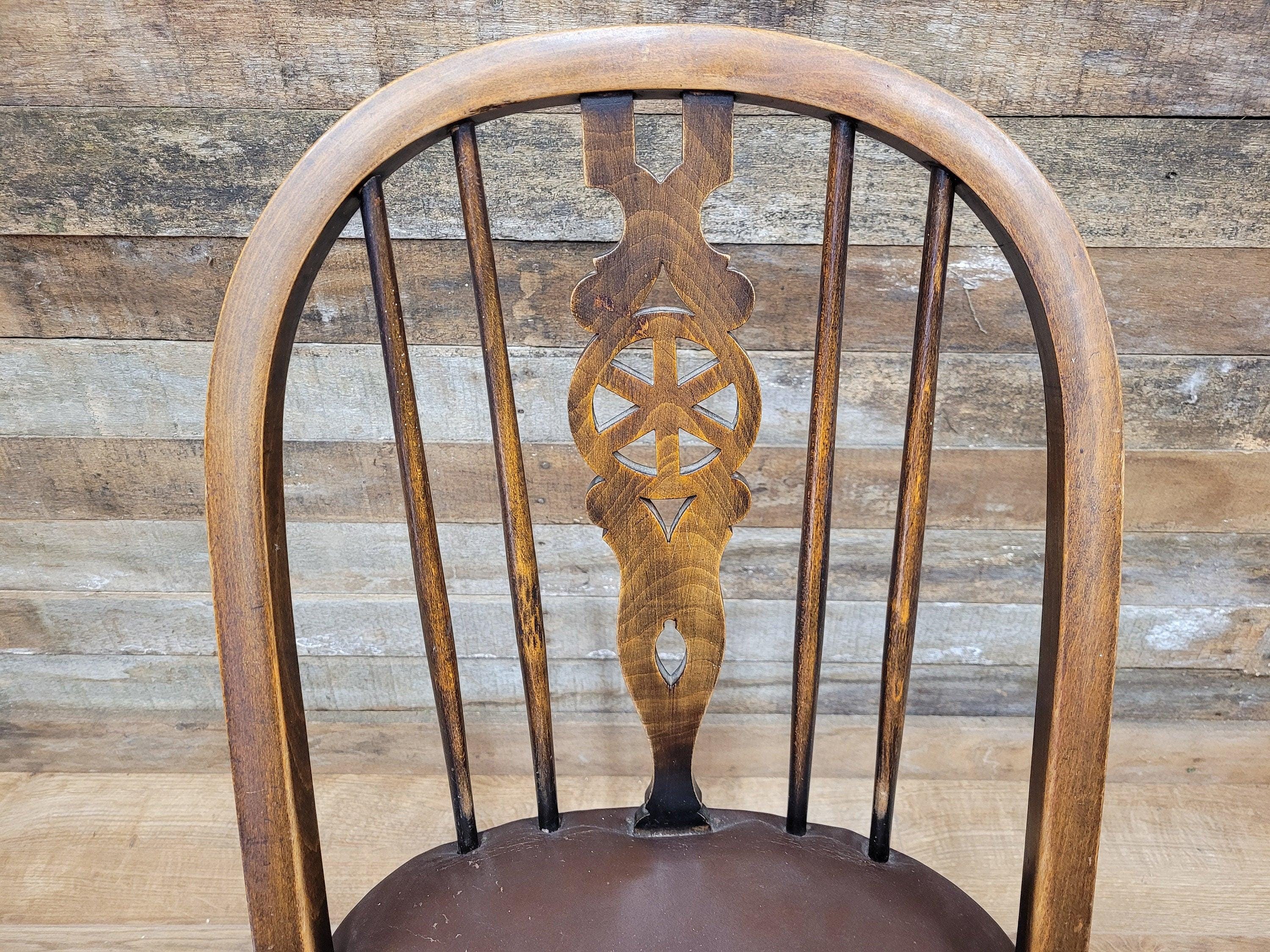 Vintage Country House Brown Leather Padded Seat Wheel Back Bedroom Hall Chair