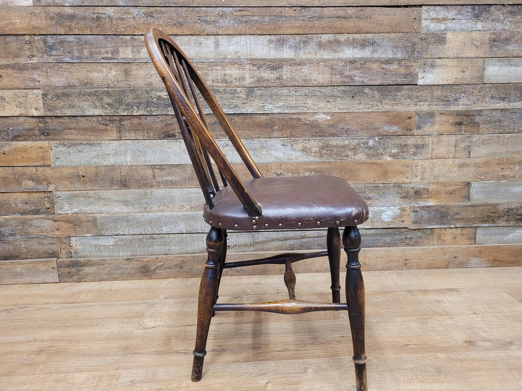 Vintage Country House Brown Leather Padded Seat Wheel Back Bedroom Hall Chair