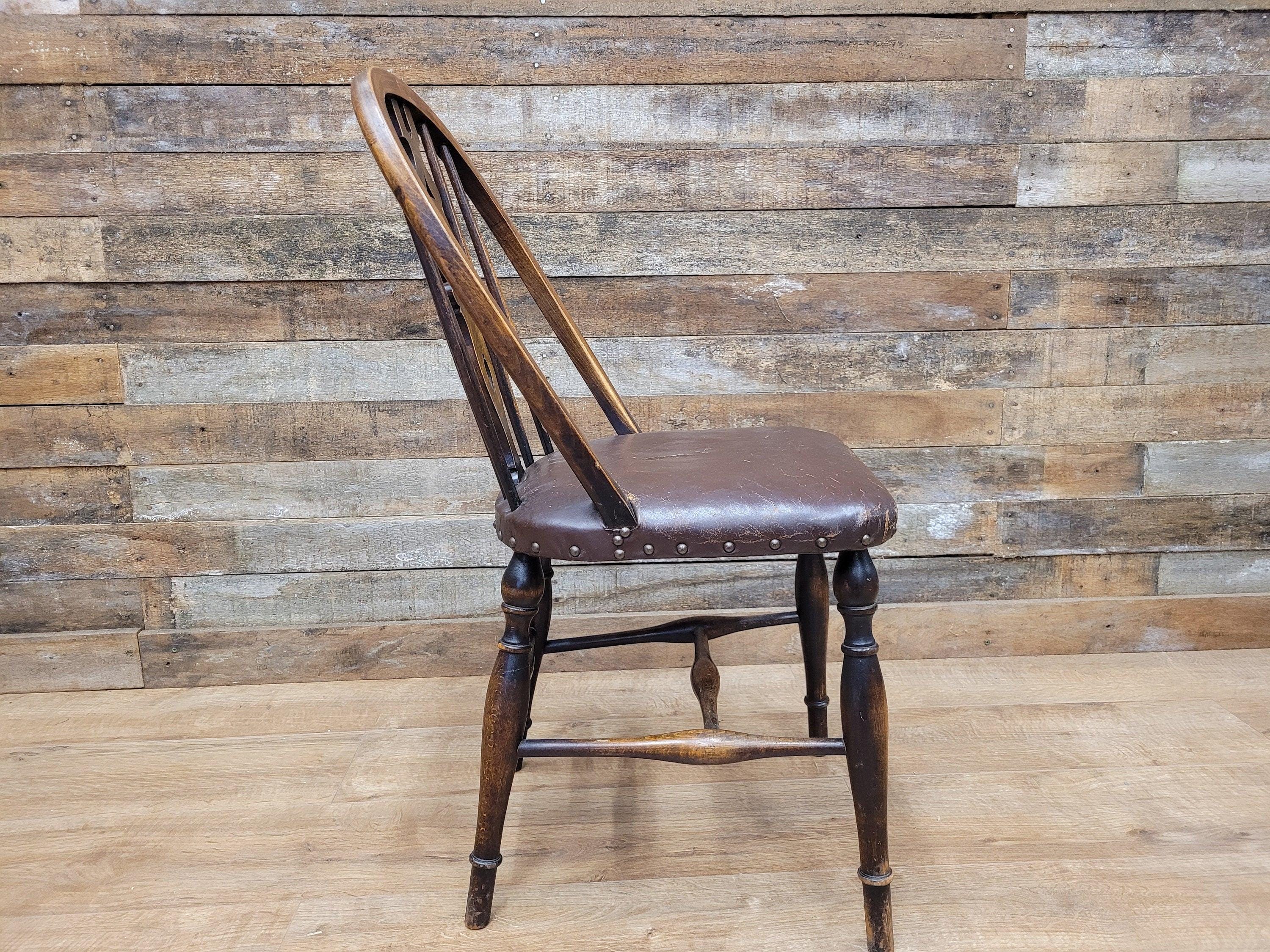 Vintage Country House Brown Leather Padded Seat Wheel Back Bedroom Hall Chair