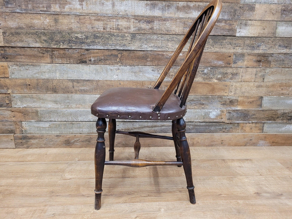 Vintage Country House Brown Leather Padded Seat Wheel Back Bedroom Hall Chair