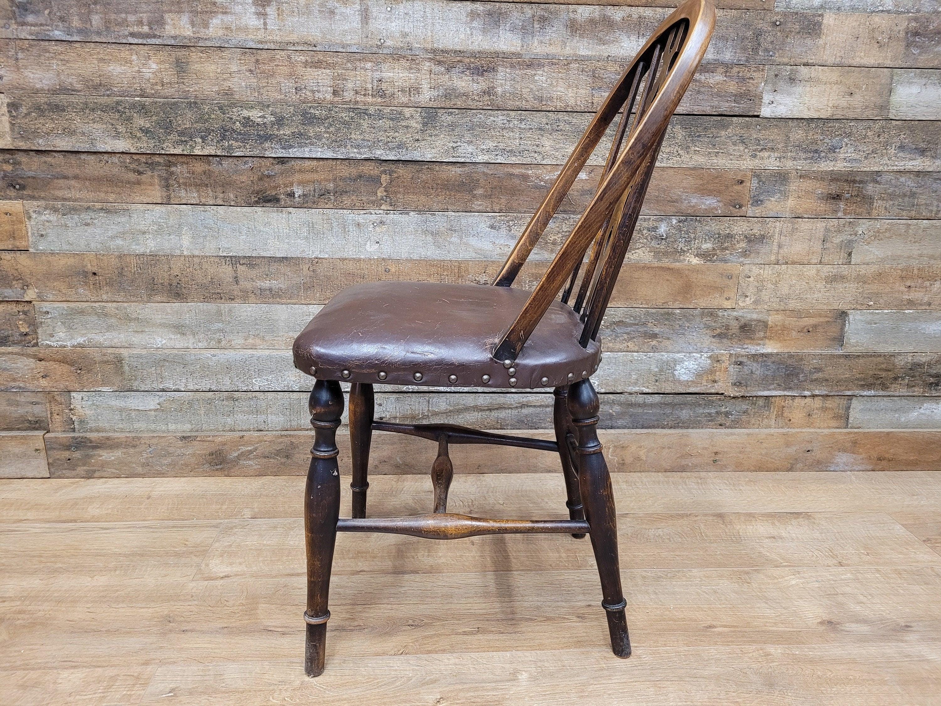 Vintage Country House Brown Leather Padded Seat Wheel Back Bedroom Hall Chair