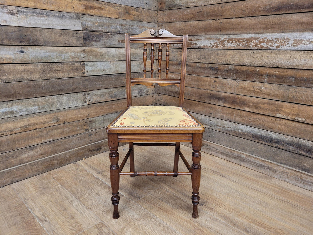 Antique Edwardian Hall Bedroom Chair Spindle Backed Floral Seat Fabric