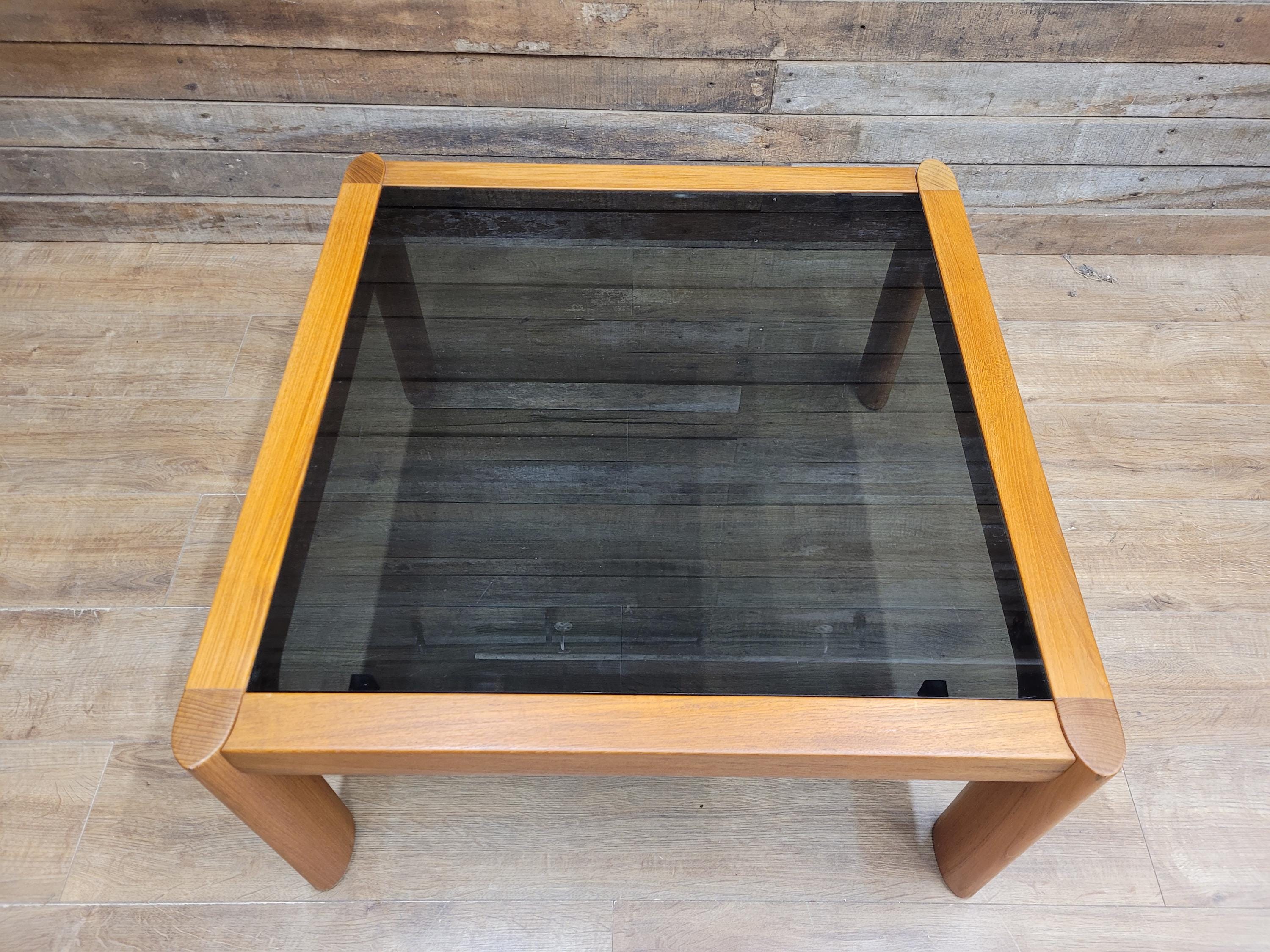 Mid Century Teak & Smoked Glass Square Coffee Table Rounded Corner Legs 1970s