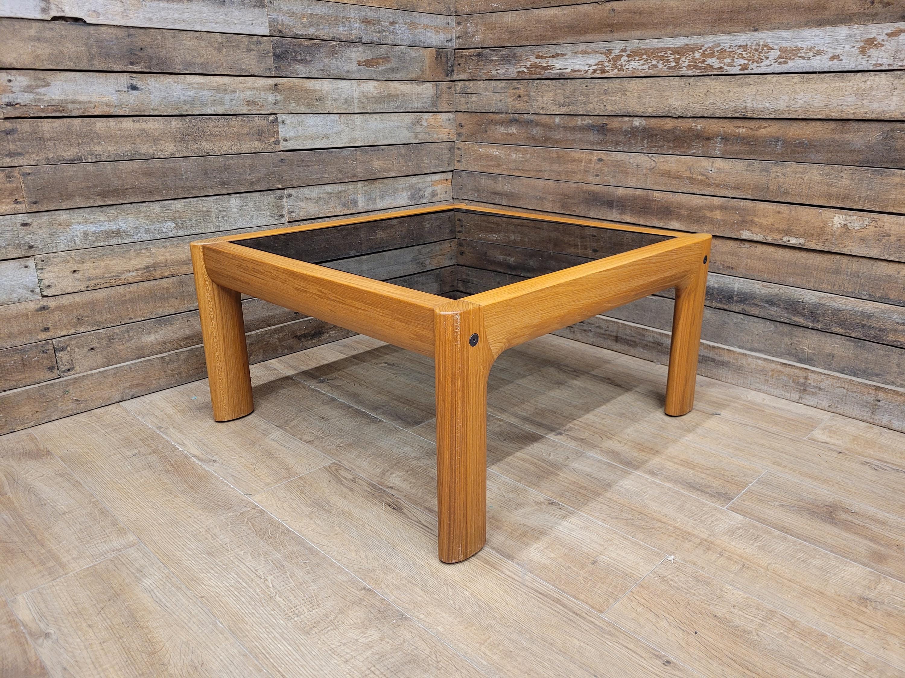 Mid Century Teak & Smoked Glass Square Coffee Table Rounded Corner Legs 1970s