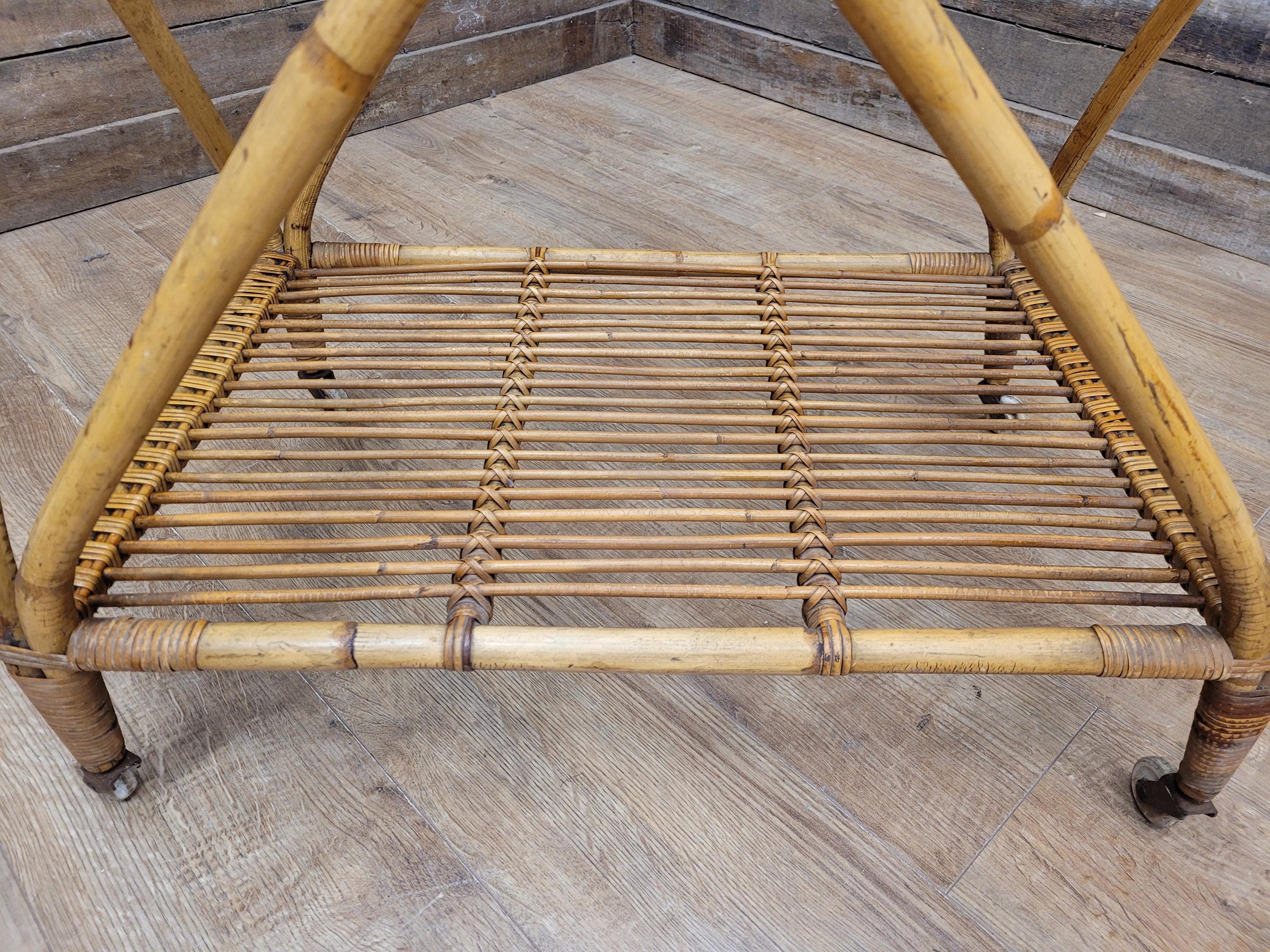 Vintage Rattan Glass Top Bar Cart Bamboo Cocktail Drinks Trolley