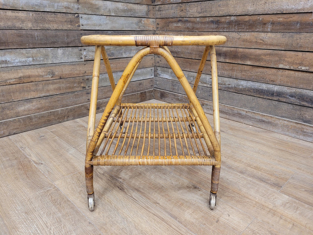 Vintage Rattan Glass Top Bar Cart Bamboo Cocktail Drinks Trolley
