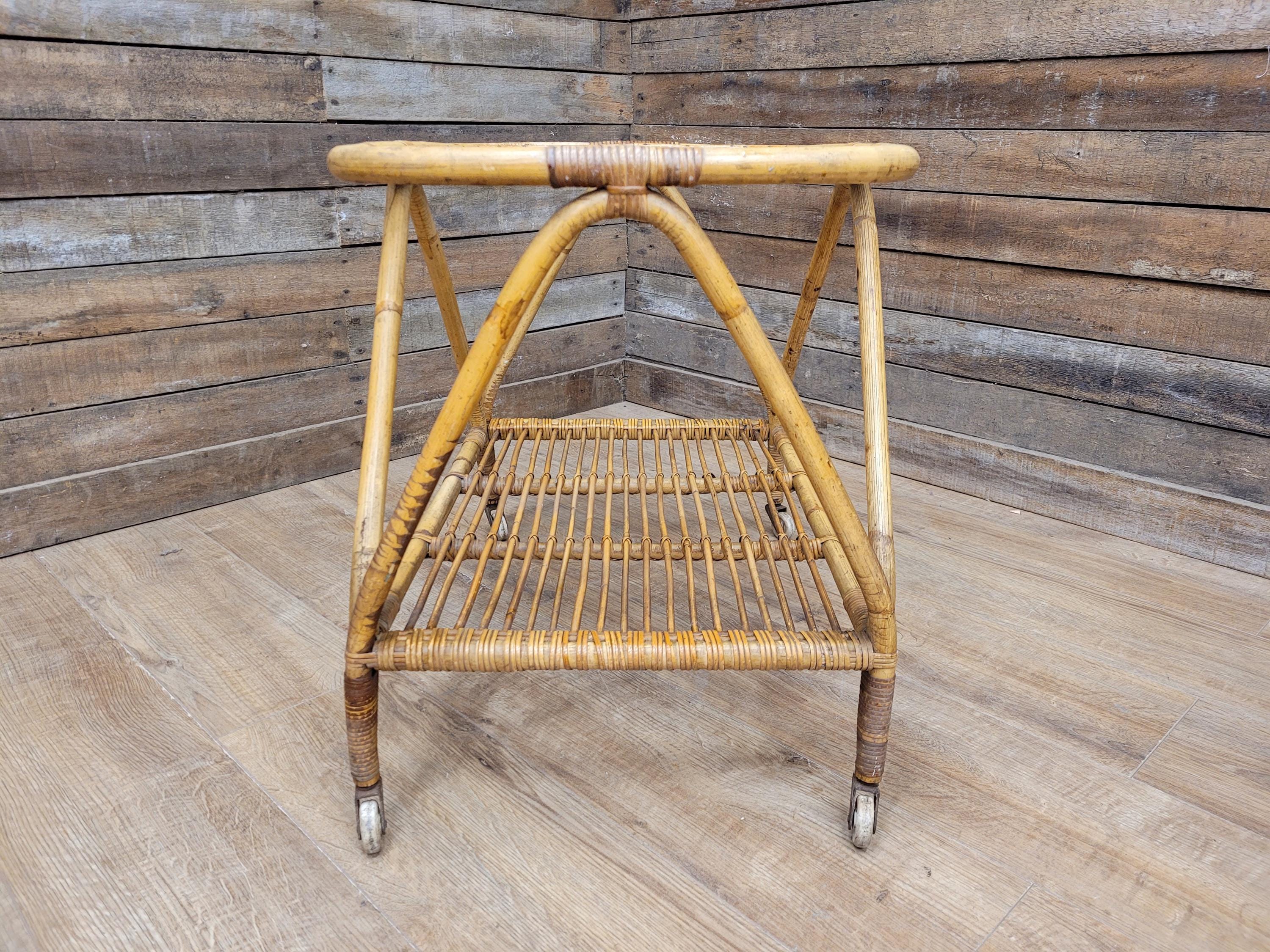 Vintage Rattan Glass Top Bar Cart Bamboo Cocktail Drinks Trolley