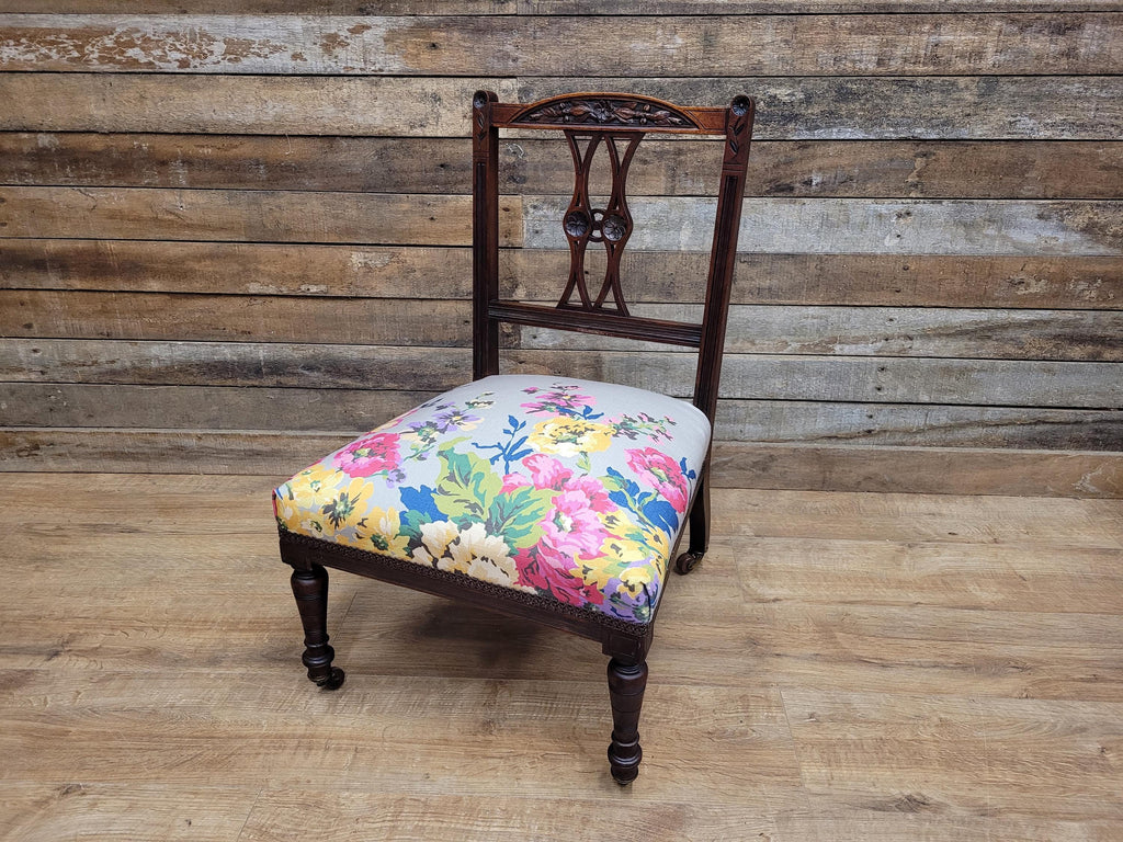 Antique Edwardian Carved Back Saloon Chair Padded Seat Ceramic Casters