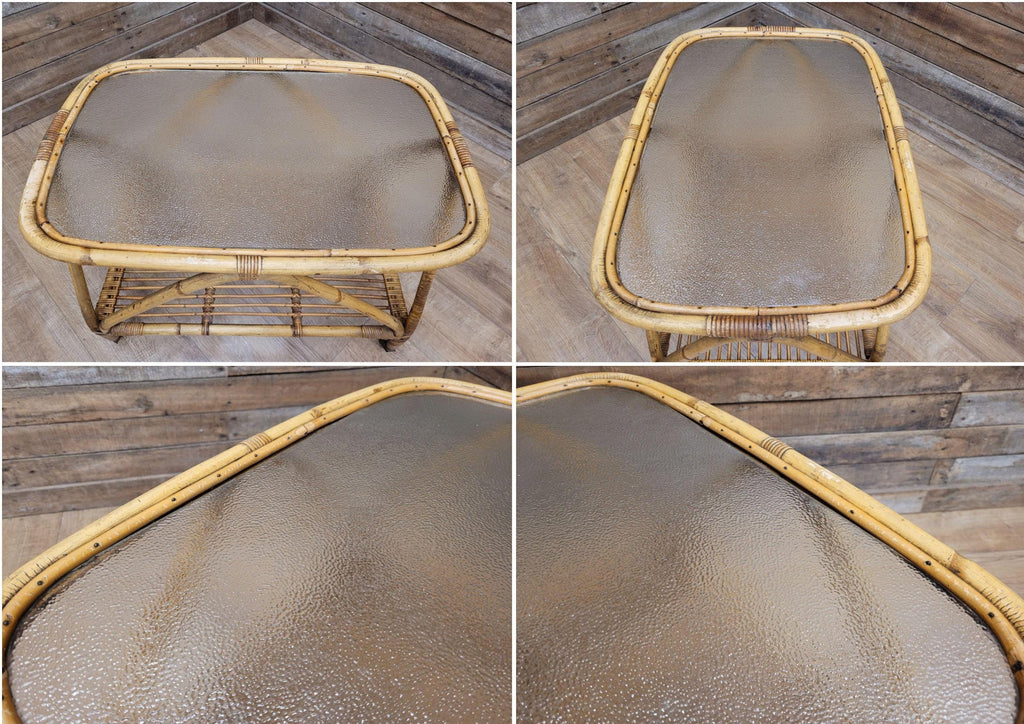 Vintage Rattan Glass Top Bar Cart Bamboo Cocktail Drinks Trolley