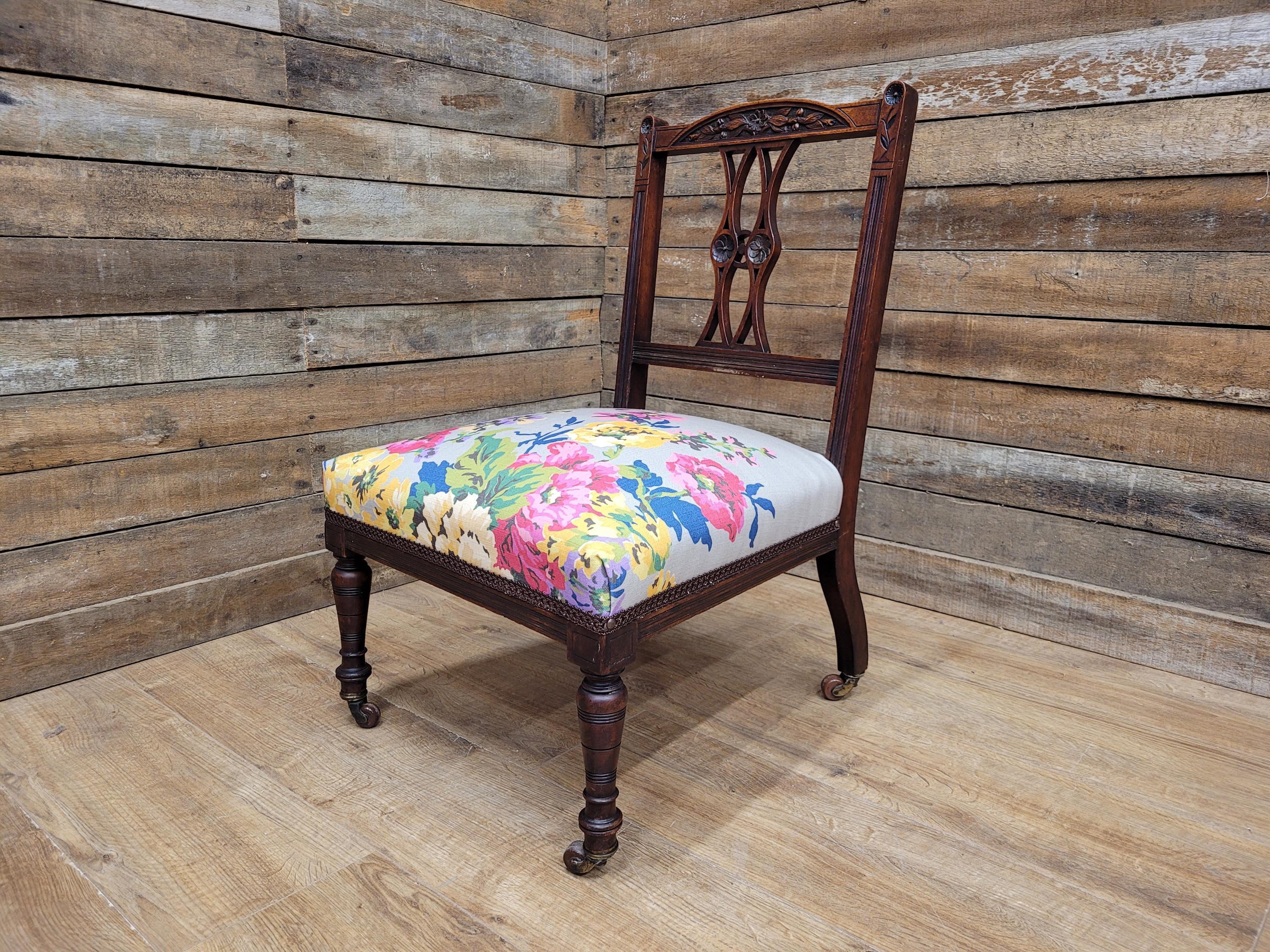 Antique Edwardian Carved Back Saloon Chair Padded Seat Ceramic Casters