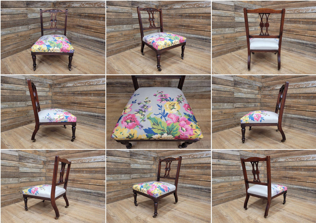 Antique Edwardian Carved Back Saloon Chair Padded Seat Ceramic Casters