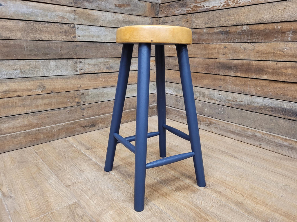 Vintage Solid Pine Round Stool Hand Painted Waxed Bar Stool Midnight Blue