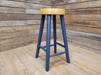 Vintage Solid Pine Round Stool Hand Painted Waxed Bar Stool Midnight Blue
