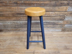 Vintage Solid Pine Round Stool Hand Painted Waxed Bar Stool Midnight Blue