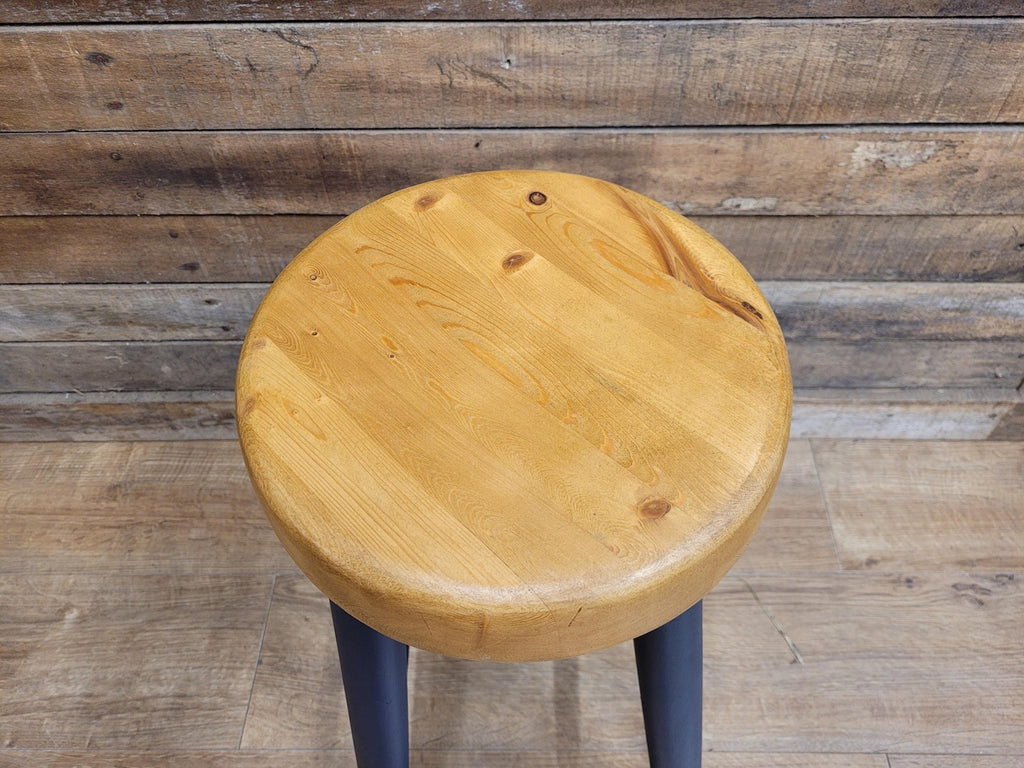 Vintage Solid Pine Round Stool Hand Painted Waxed Bar Stool Midnight Blue