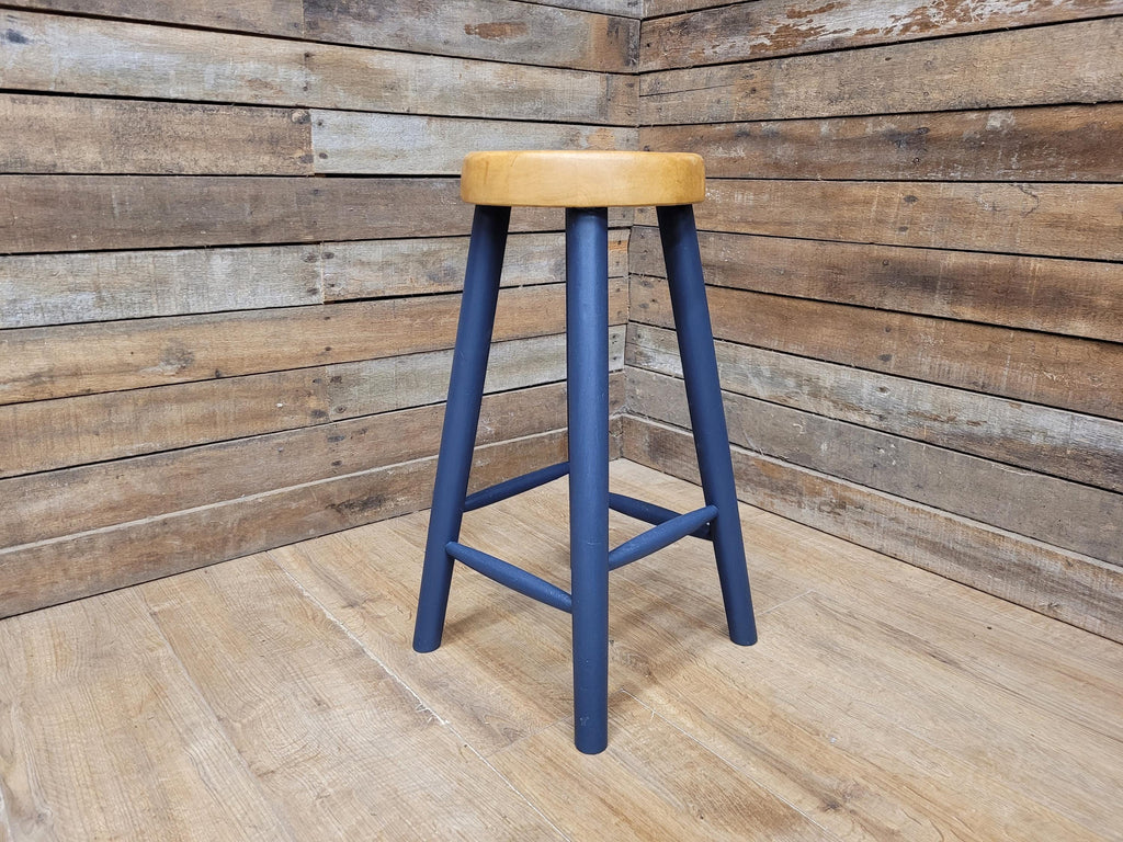 Vintage Solid Pine Round Stool Hand Painted Waxed Bar Stool Midnight Blue