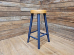 Vintage Solid Pine Round Stool Hand Painted Waxed Bar Stool Midnight Blue