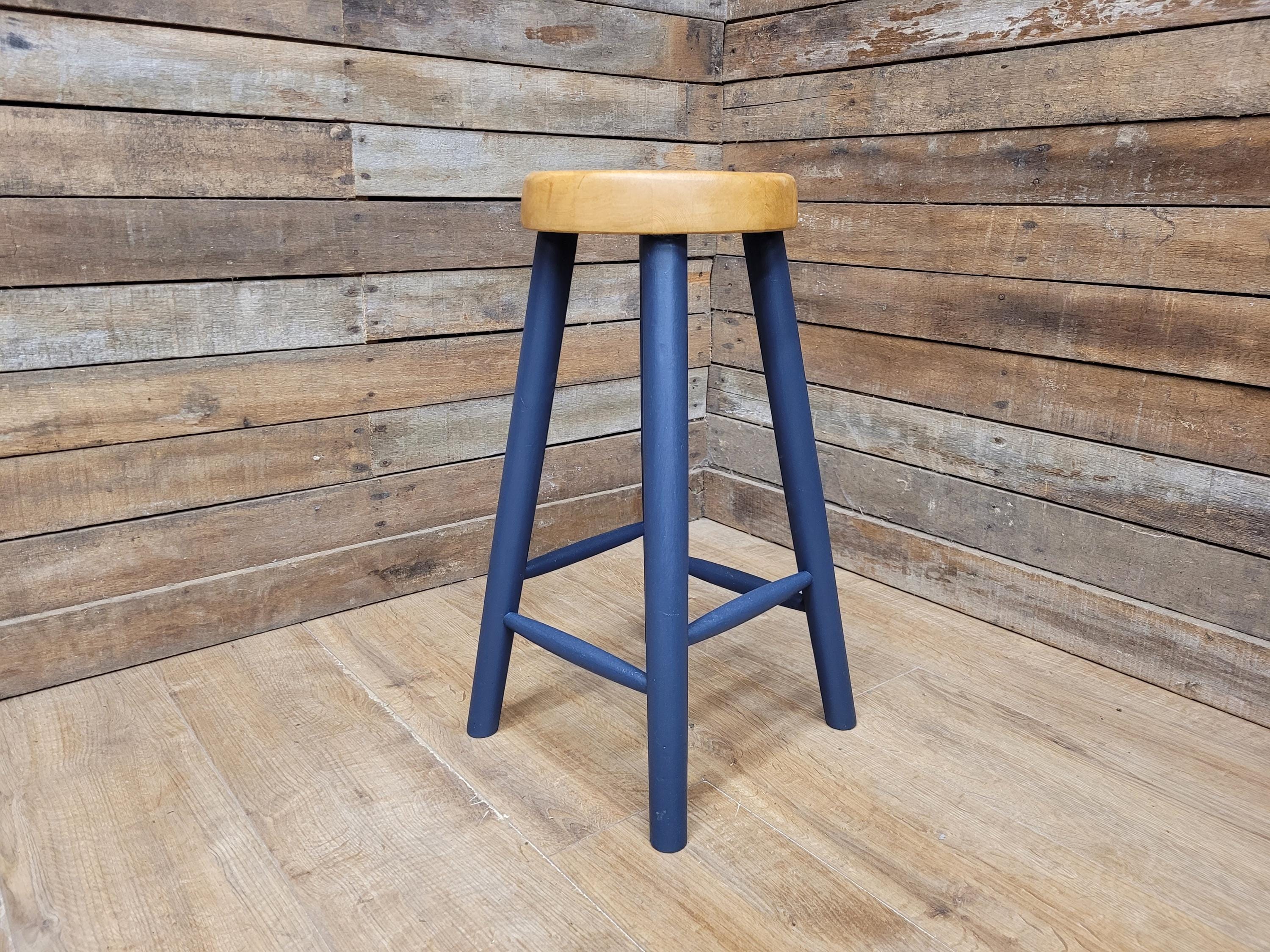 Vintage Solid Pine Round Stool Hand Painted Waxed Bar Stool Midnight Blue