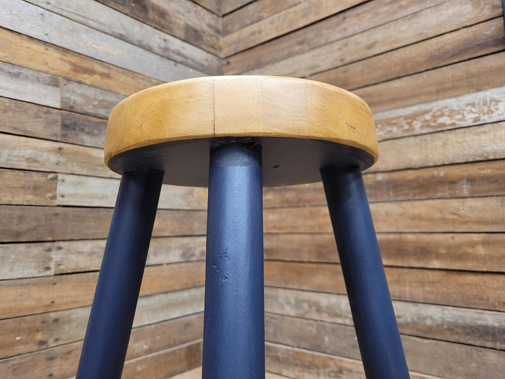 Vintage Solid Pine Round Stool Hand Painted Waxed Bar Stool Midnight Blue