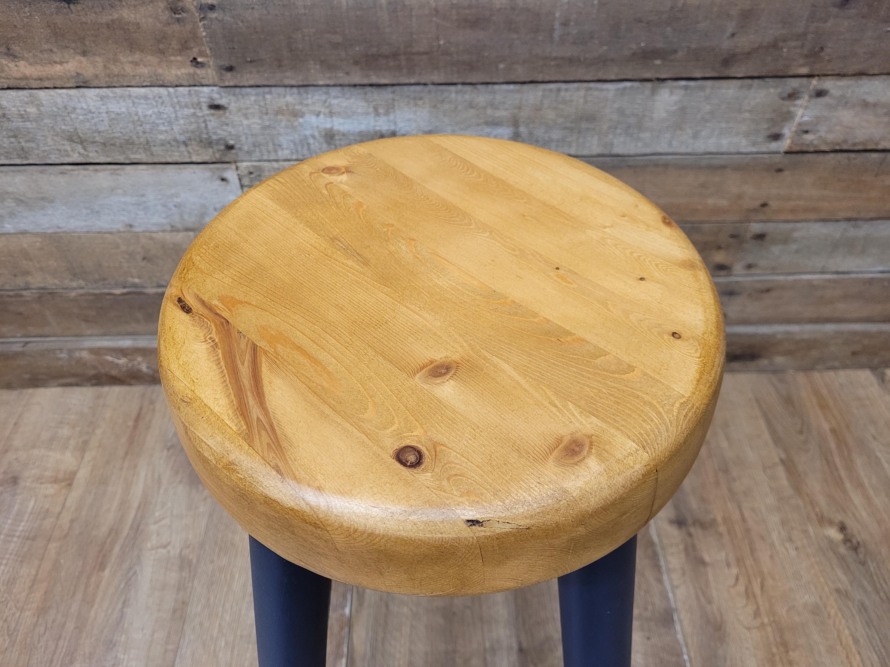 Vintage Solid Pine Round Stool Hand Painted Waxed Bar Stool Midnight Blue