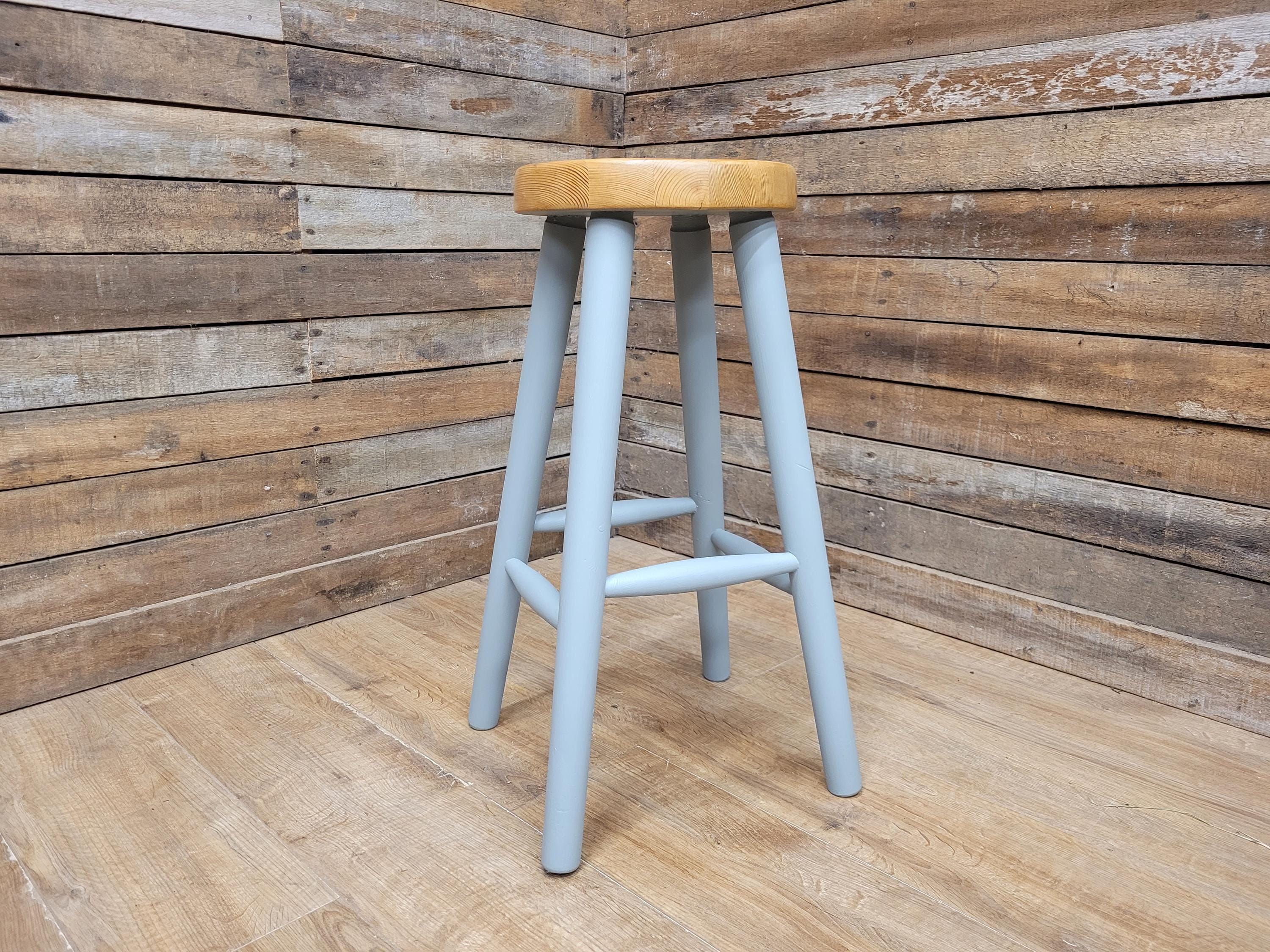Vintage Round Solid Pine Stool Hand Painted Grey Waxed Bar Stool