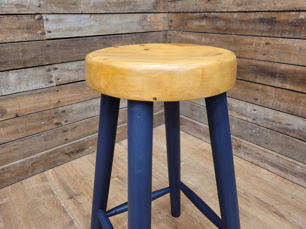 Vintage Solid Pine Round Stool Hand Painted Waxed Bar Stool Midnight Blue