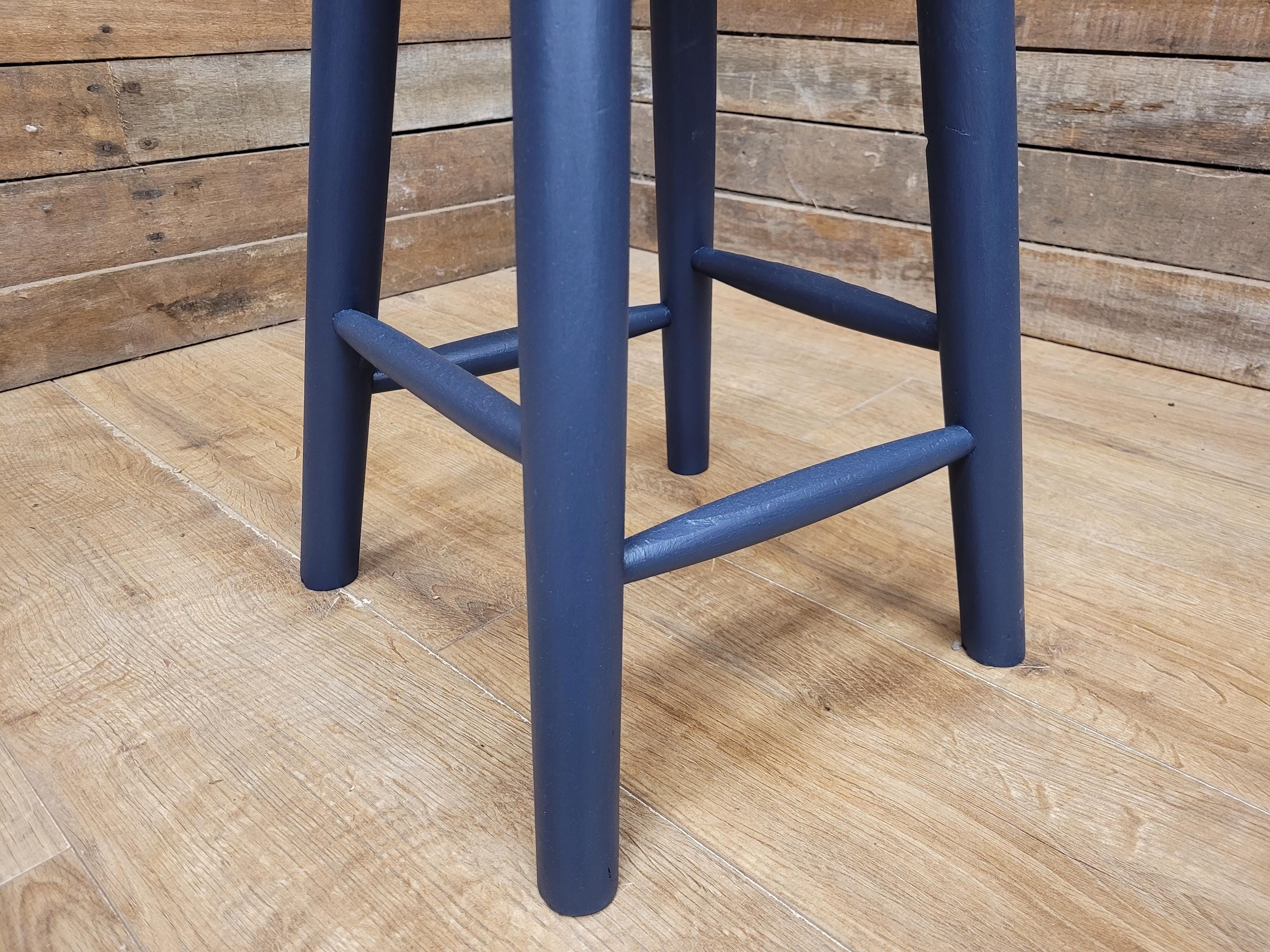 Vintage Solid Pine Round Stool Hand Painted Waxed Bar Stool Midnight Blue