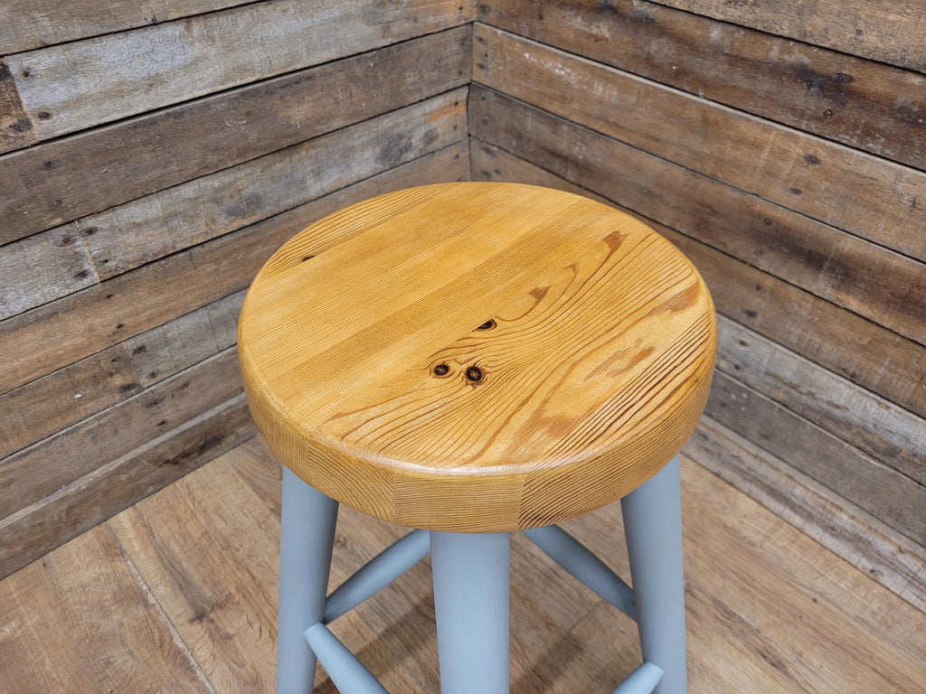 Vintage Round Solid Pine Stool Hand Painted Grey Waxed Bar Stool