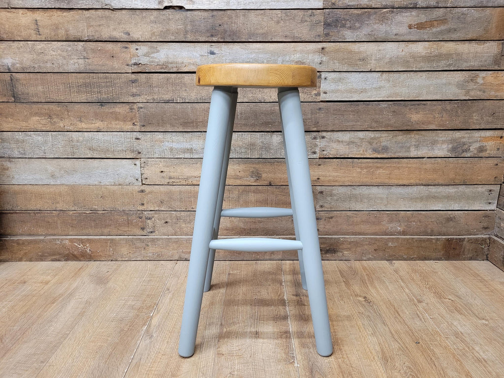 Vintage Round Solid Pine Stool Hand Painted Grey Waxed Bar Stool