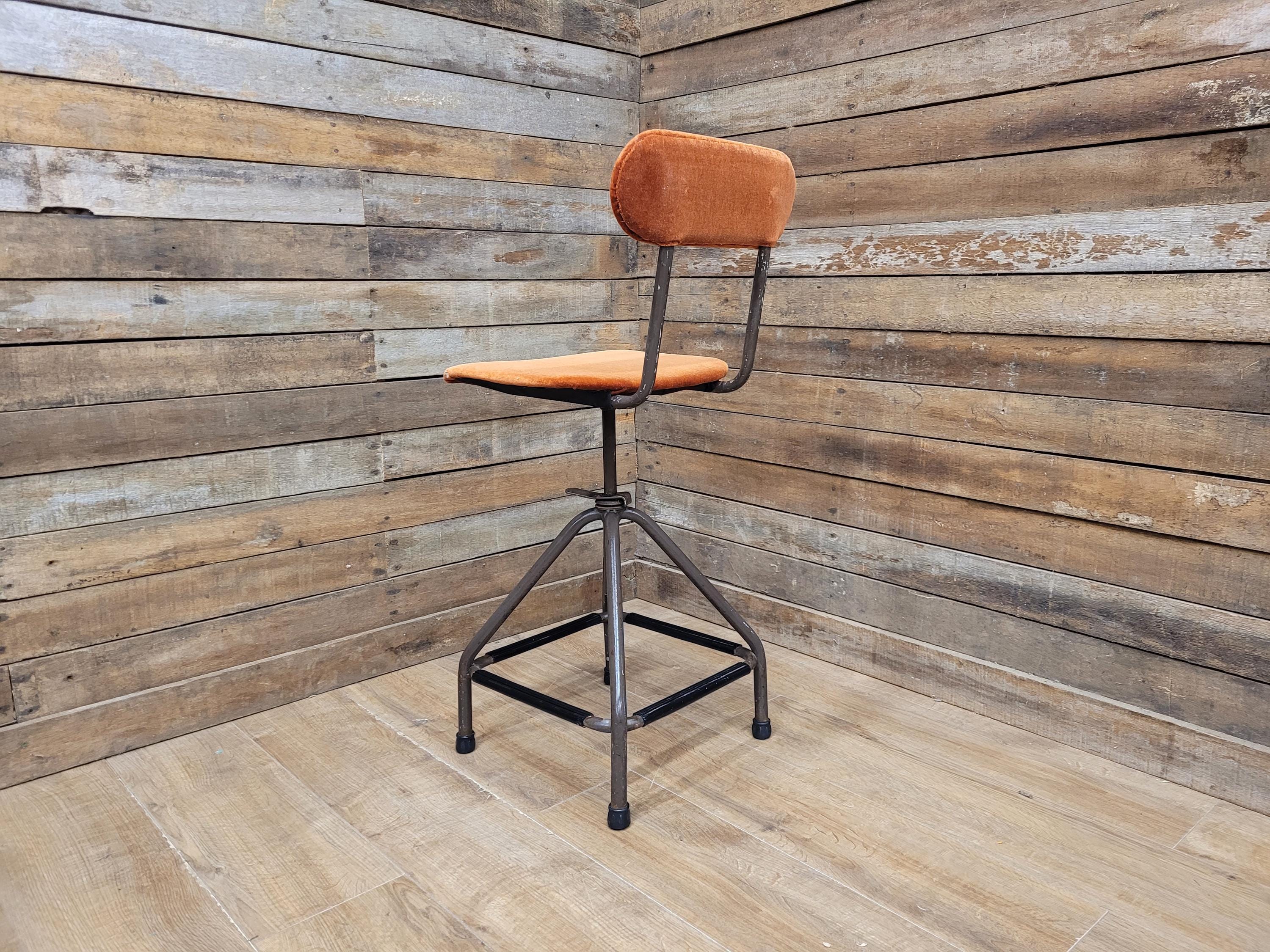 Vintage Industrial Metal Stool with Rust Velvet Seat Mid Century Style