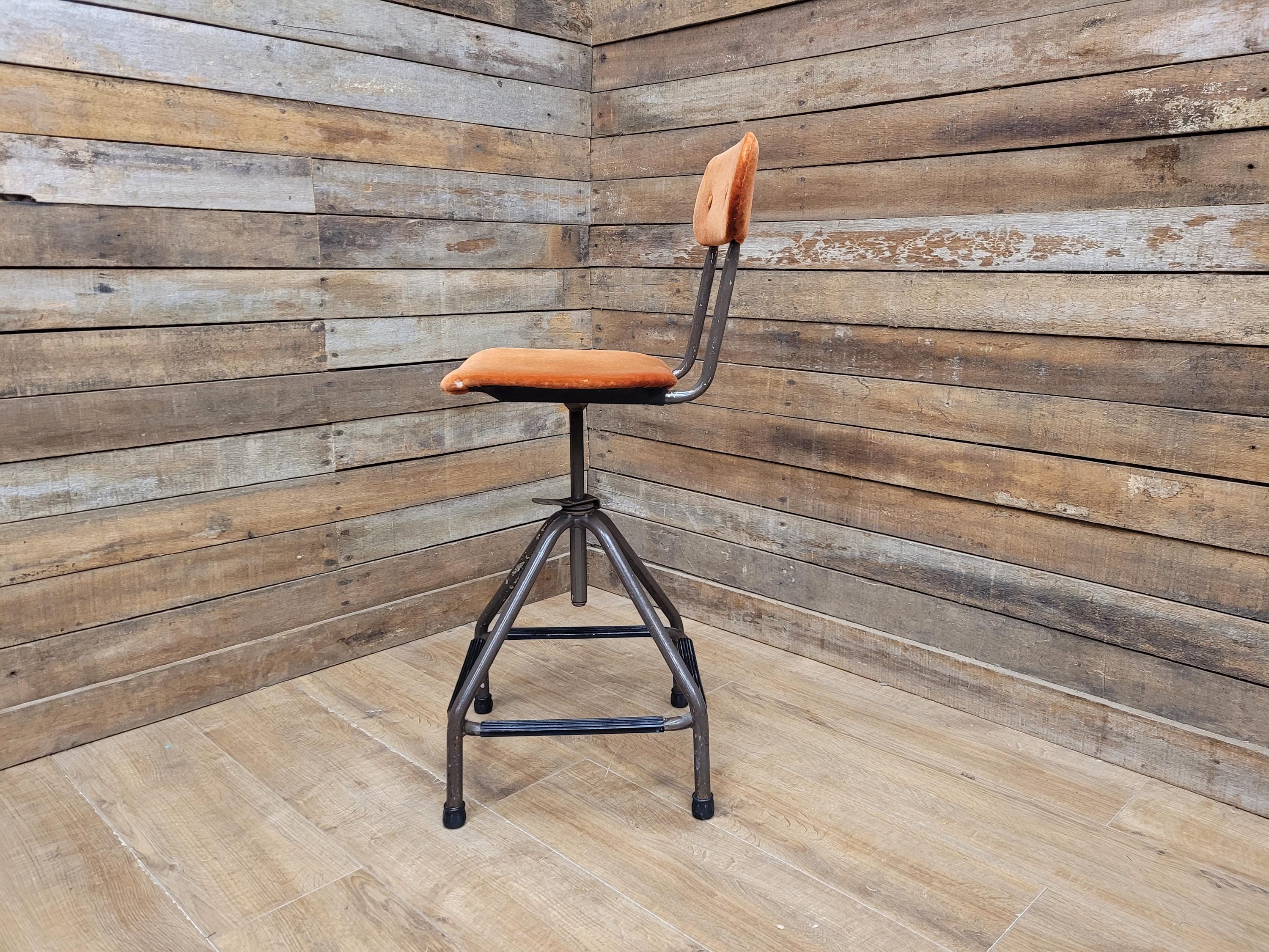Vintage Industrial Metal Stool with Rust Velvet Seat Mid Century Style