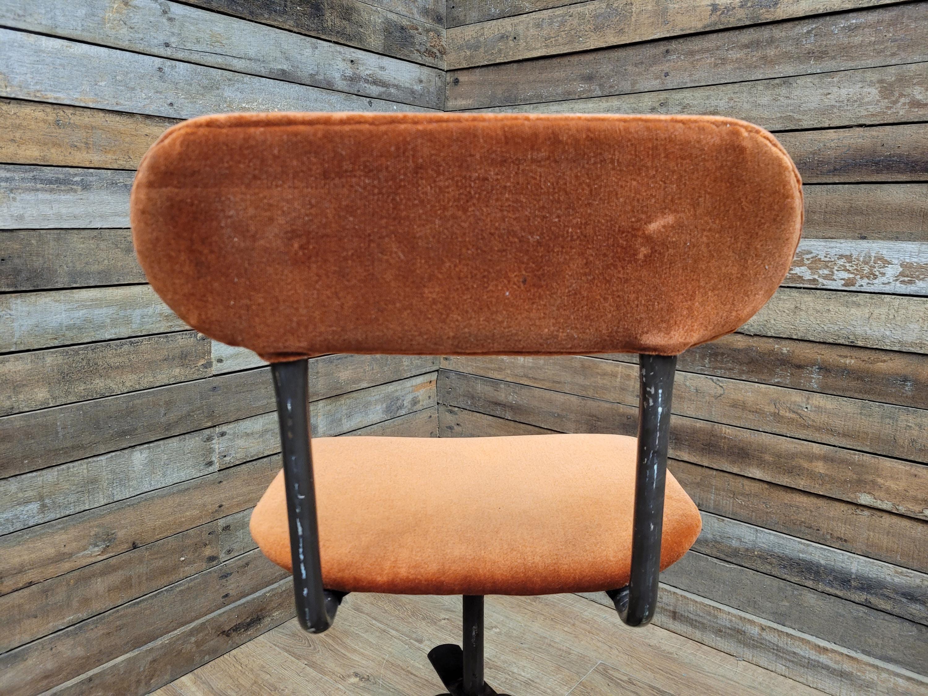 Vintage Industrial Metal Stool with Rust Velvet Seat Mid Century Style