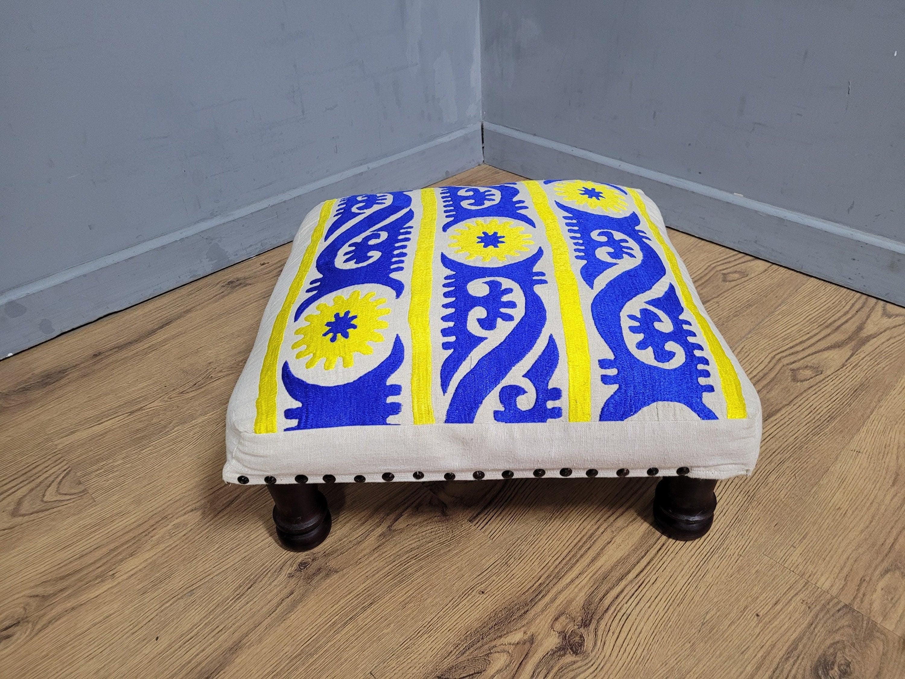 Vintage Country House BoHo Footstool Colourful Hippie Fabric Turned Legs