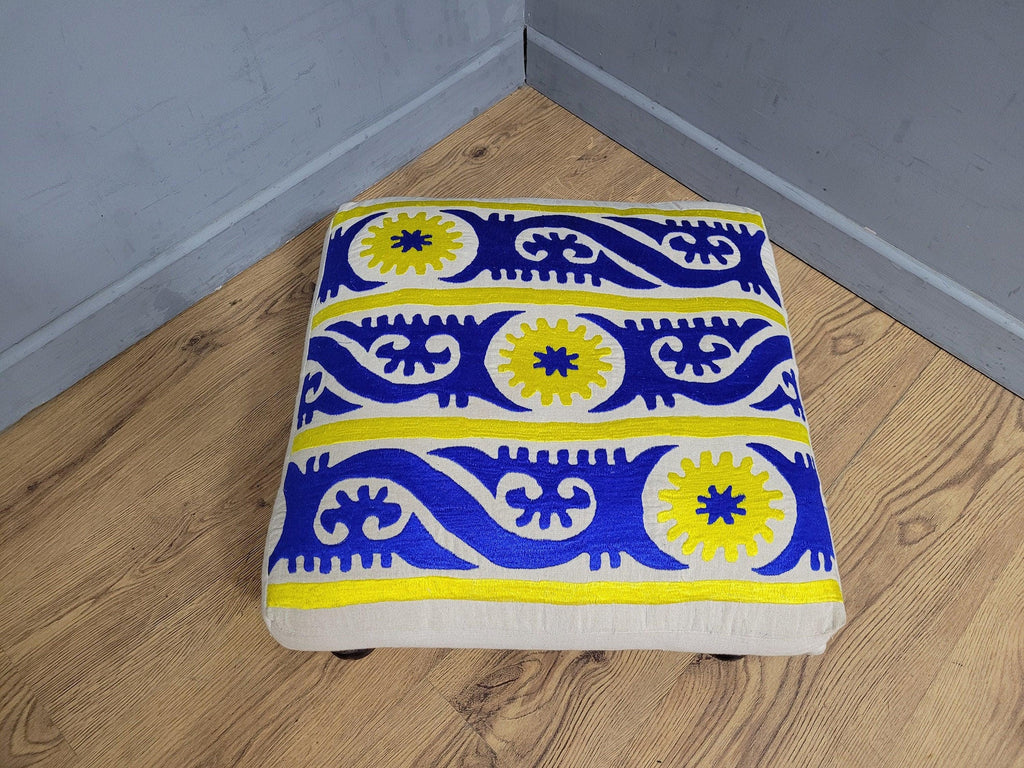 Vintage Country House BoHo Footstool Colourful Hippie Fabric Turned Legs