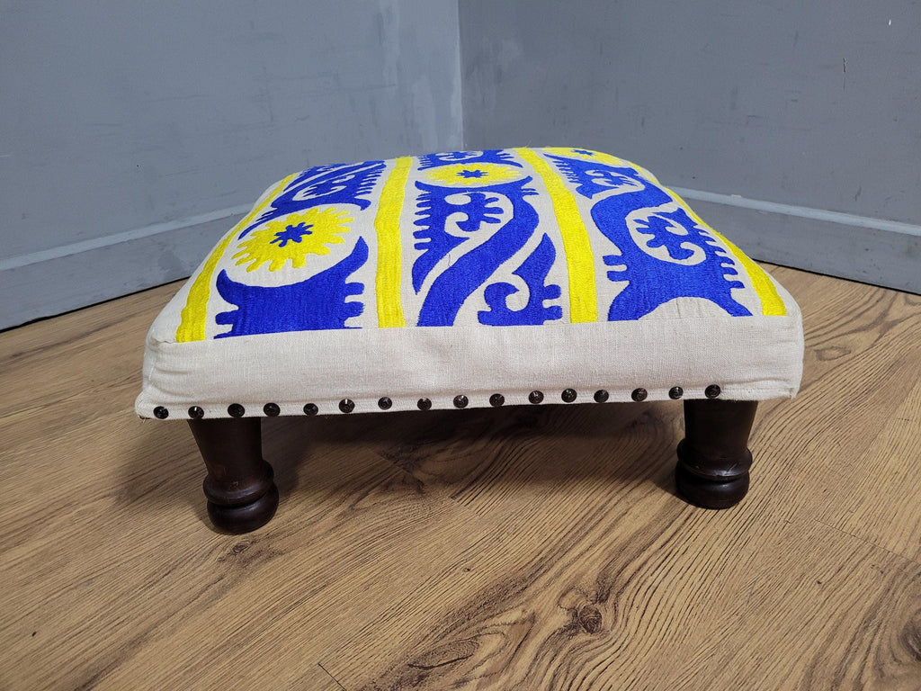 Vintage Country House BoHo Footstool Colourful Hippie Fabric Turned Legs