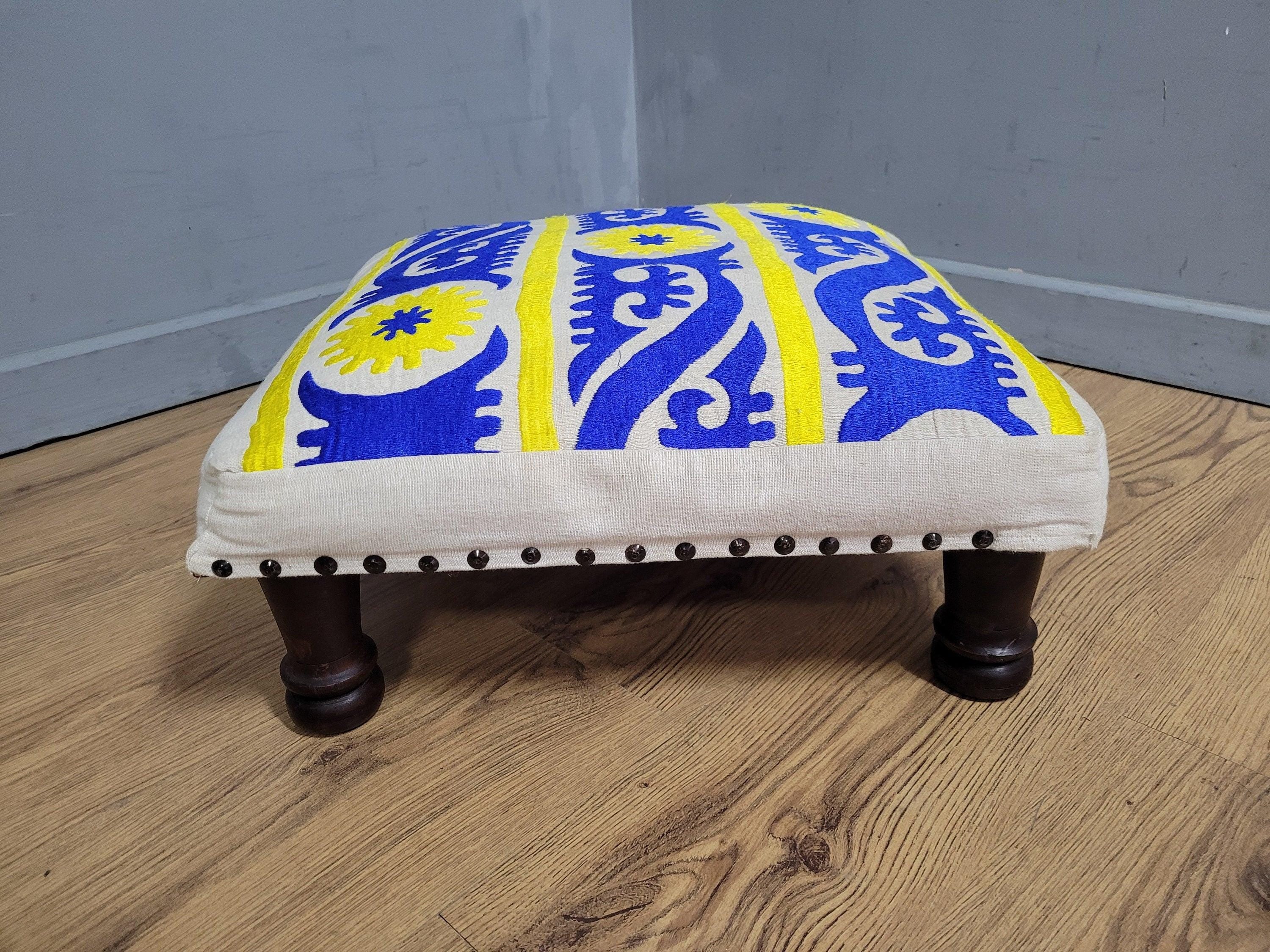 Vintage Country House BoHo Footstool Colourful Hippie Fabric Turned Legs